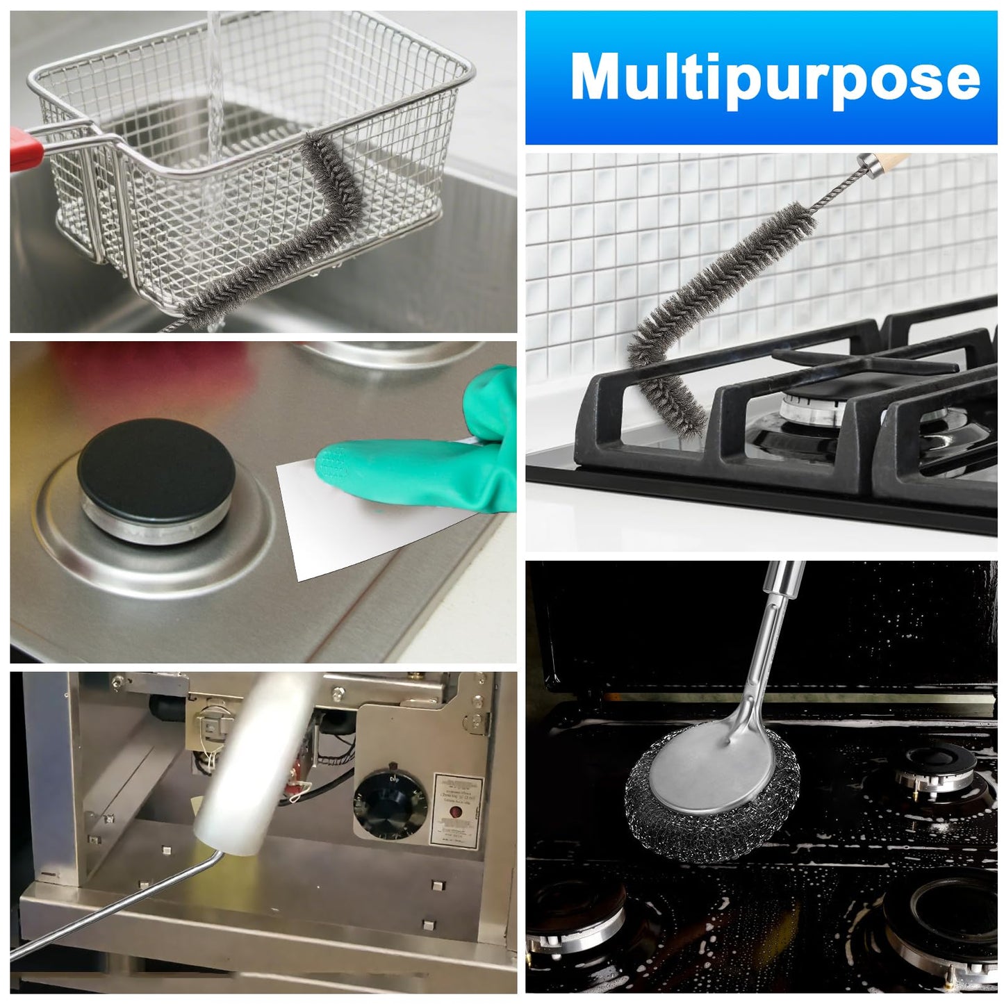 XANGNIER Large Commercial Fryer Cleaning Tools,6 Pcs Stainless Steel Electric Deep Fryer Cleaner Brush for Restaurants,Hotel Kitchen Fryers Deep Cleaning Accessories
