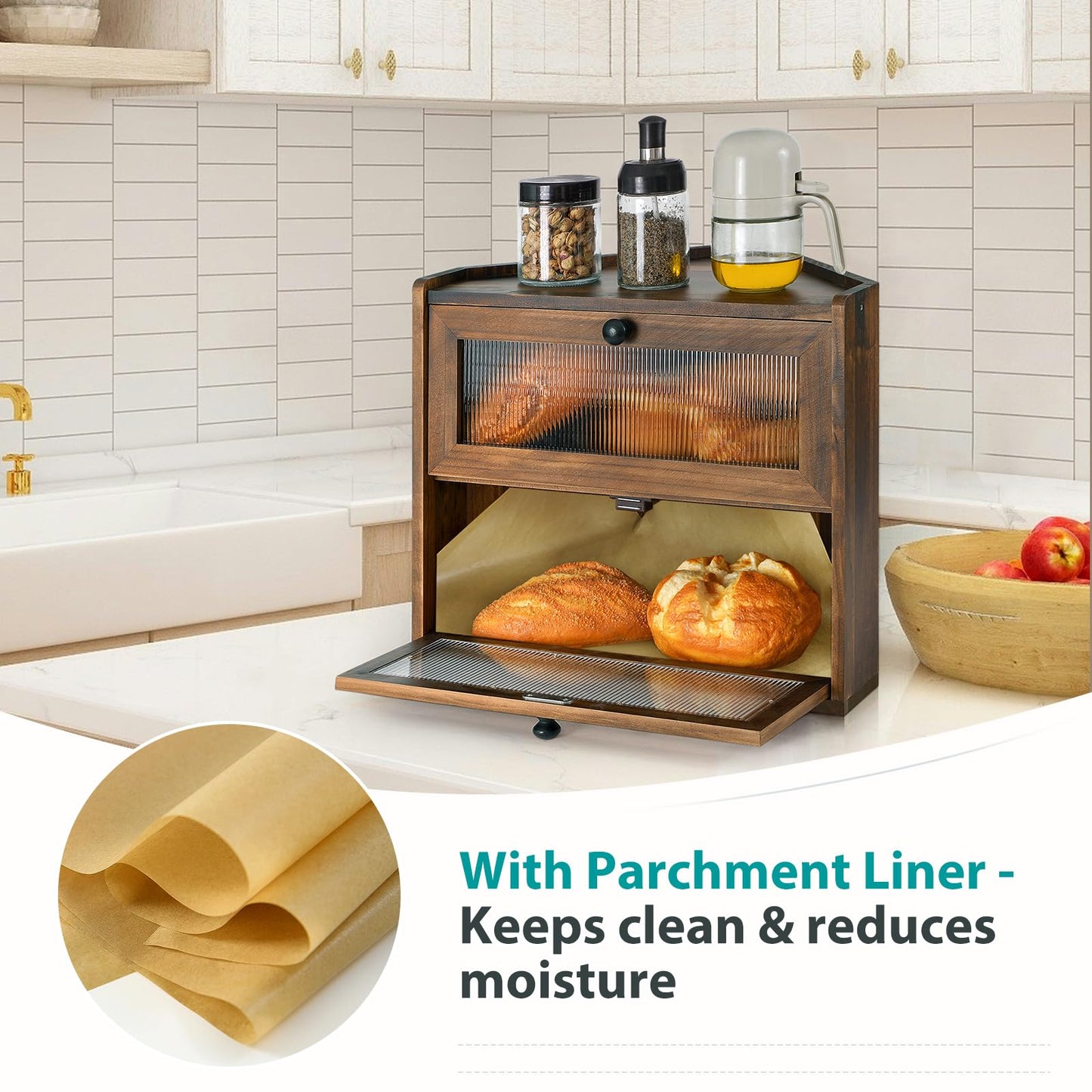 Sunhoo Bread Box for Kitchen Countertop Corner Large Wooden Bread Bin 2 Tier Rustic Food Storage Container with Acrylic Window Farmhouse Keeper Shelf Organizer for Loaves Pastries & Snacks (Brown)