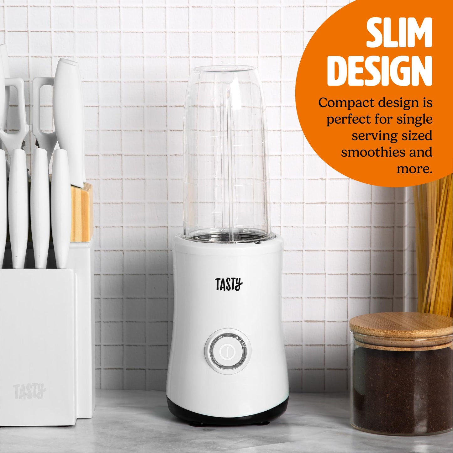 Tasty Personal Blender With Cups, 350W Powerful Blending Motor, 9-Piece Set With 4 Cups & Travel Lid, Compact & Portable, White