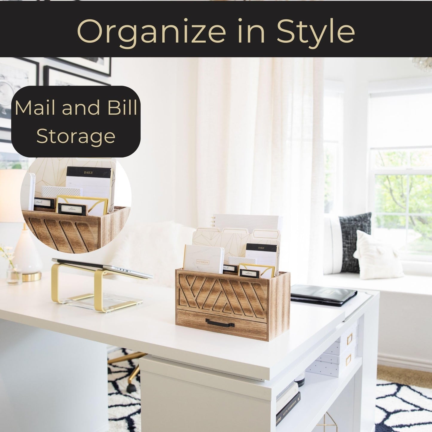 BLU MONACO | Natural Wood Desktop Mail Organizer with Drawer | Three-Tier Mail Sorter with Black Label Holders | Countertop Mail Holder & Document Storage for Home or Office
