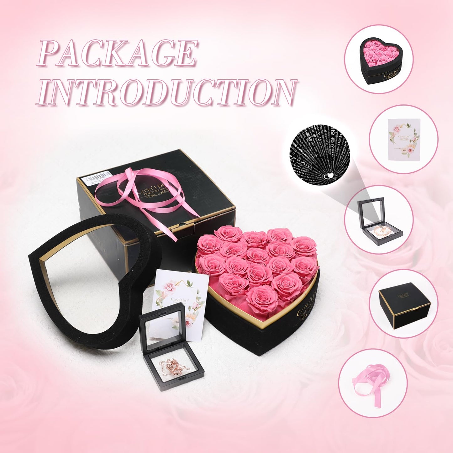 Casaido Preserved Roses Flowers for Delivery 16 Pcs, Mothers Day Rose Gifts for Her, Forever Flores in Heart Box with Necklace, Anniversary Birthday Christmas Vanlentines Gift for Wife Mom, Pink