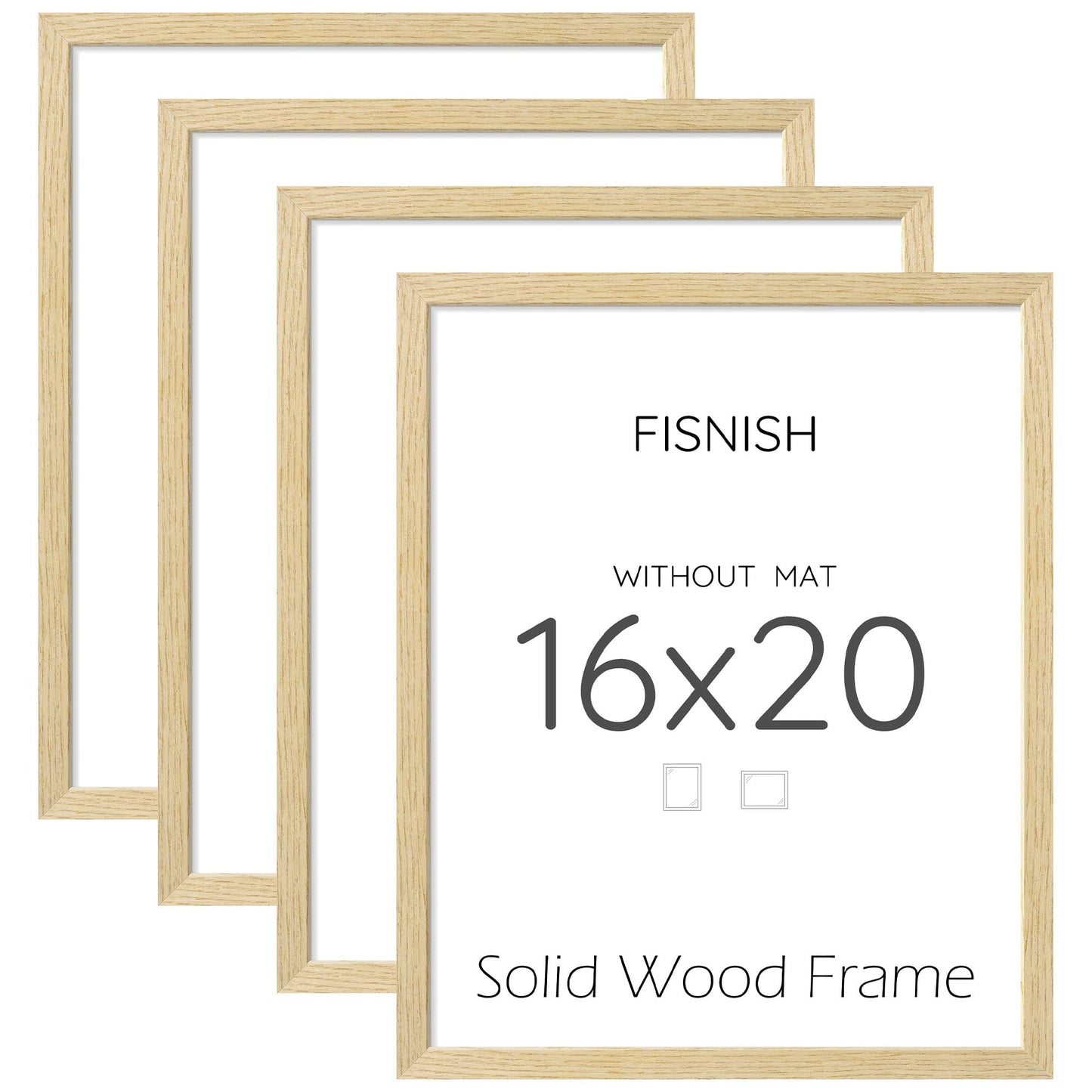 Fisnish 16x20 Picture Frame Set of 4, Natural Solid Wood Picture Frames, Display 16x20 Photos without Mat, Horizontal or Vertical Wall Mounting Poster Frame, Oak Wood Grain