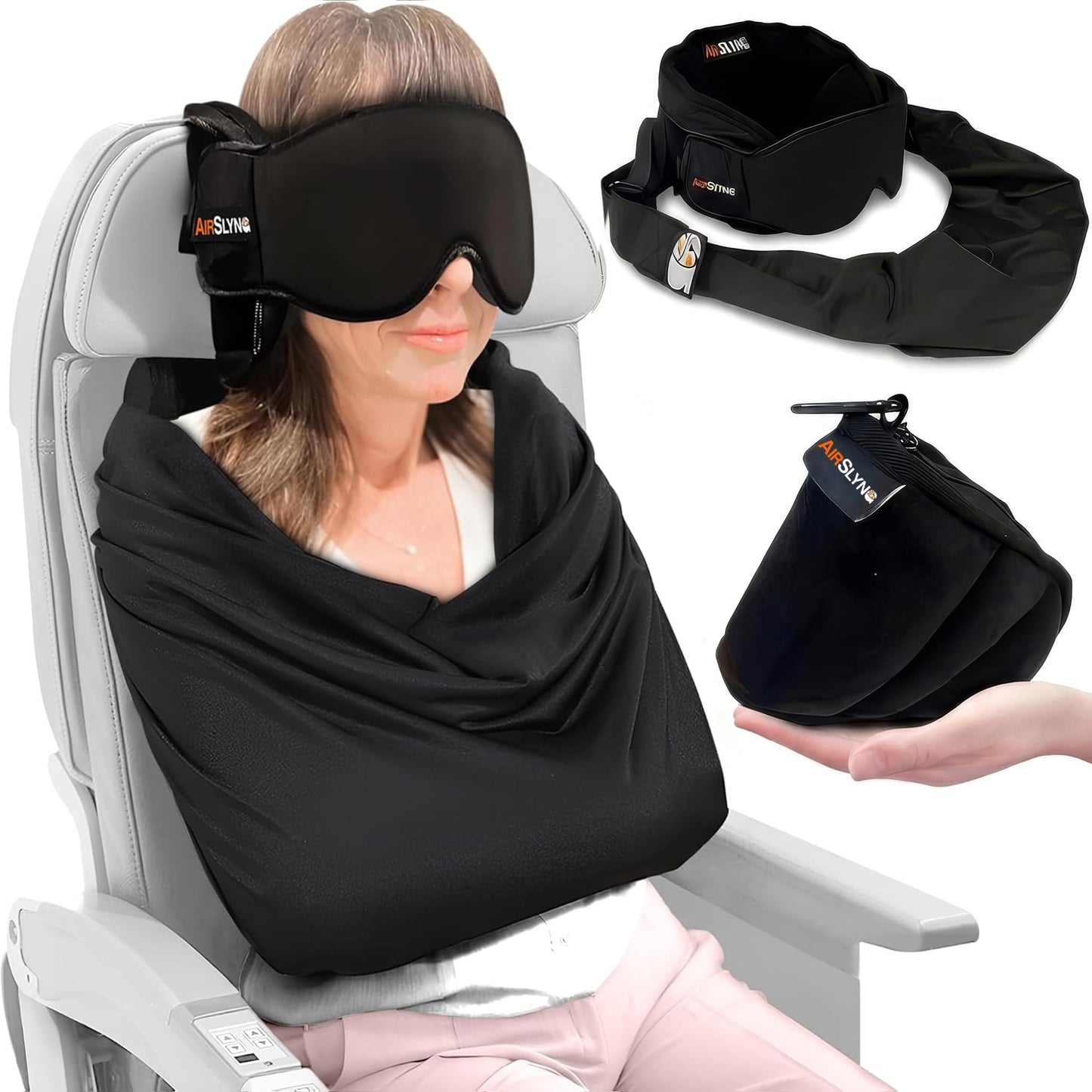 3-in-1 Airplane Sleep Support System - Integrated Plane Sleeping Accessories with Memory Foam Long Haul Flight Pillow, Adjustable Travel Eye Mask, and Blanket-Like Body Sling - Fits in Carry On