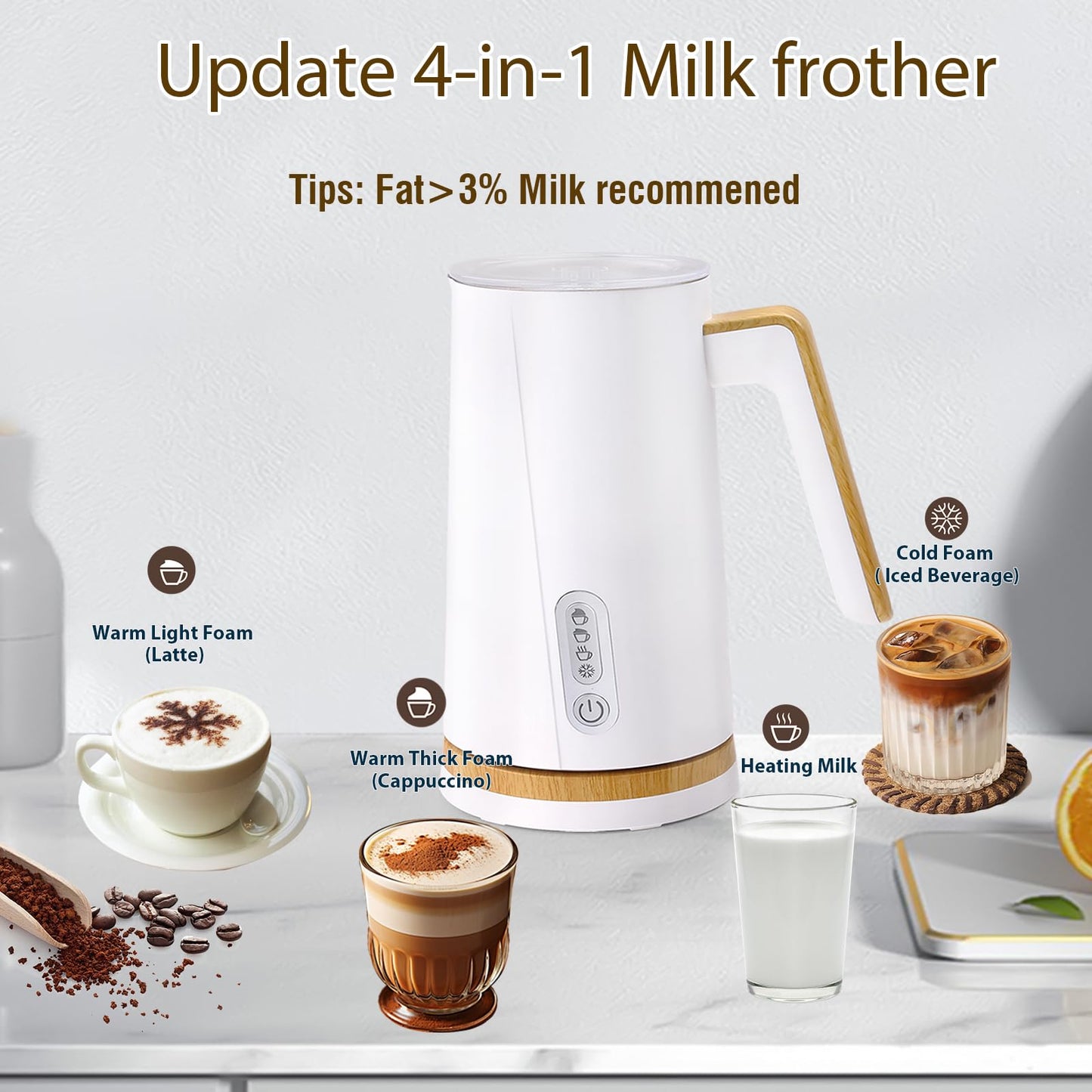 Electric Milk Frother and Steamer, 4-in-1 Milk Steamer with Wood Elements Design, Automatic Hot & Cold Foam Maker for Latte, Cappuccinos, Macchiato, Milk Warmer, Black (white)