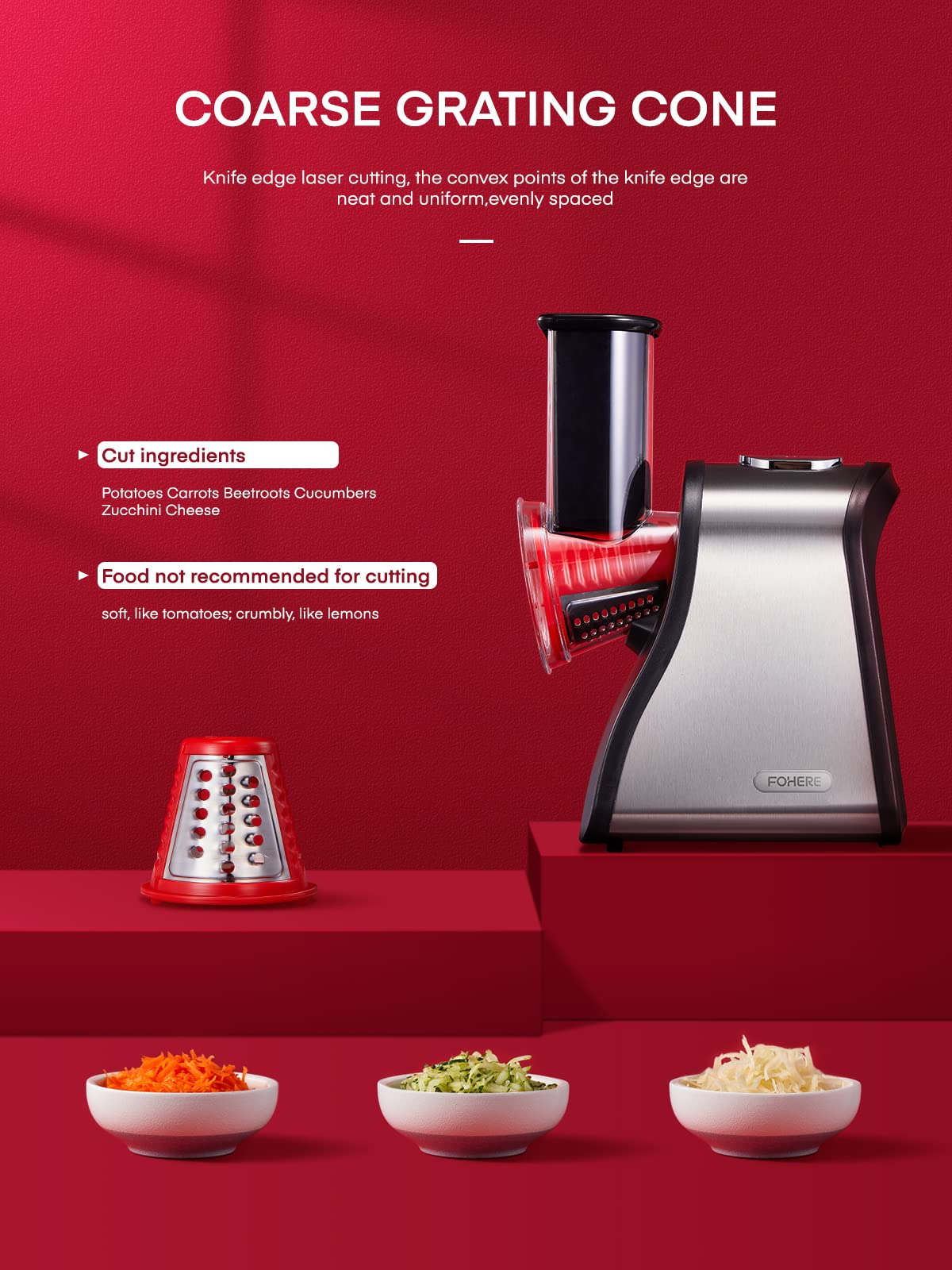 FOHERE Electric Cheese Grater Salad Maker, Electric Slicer Shredder for Home Kitchen Use, One-Touch Easy Control, Electric Grater for Vegetables, Cheeses and Nuts, BPA-Free, Red