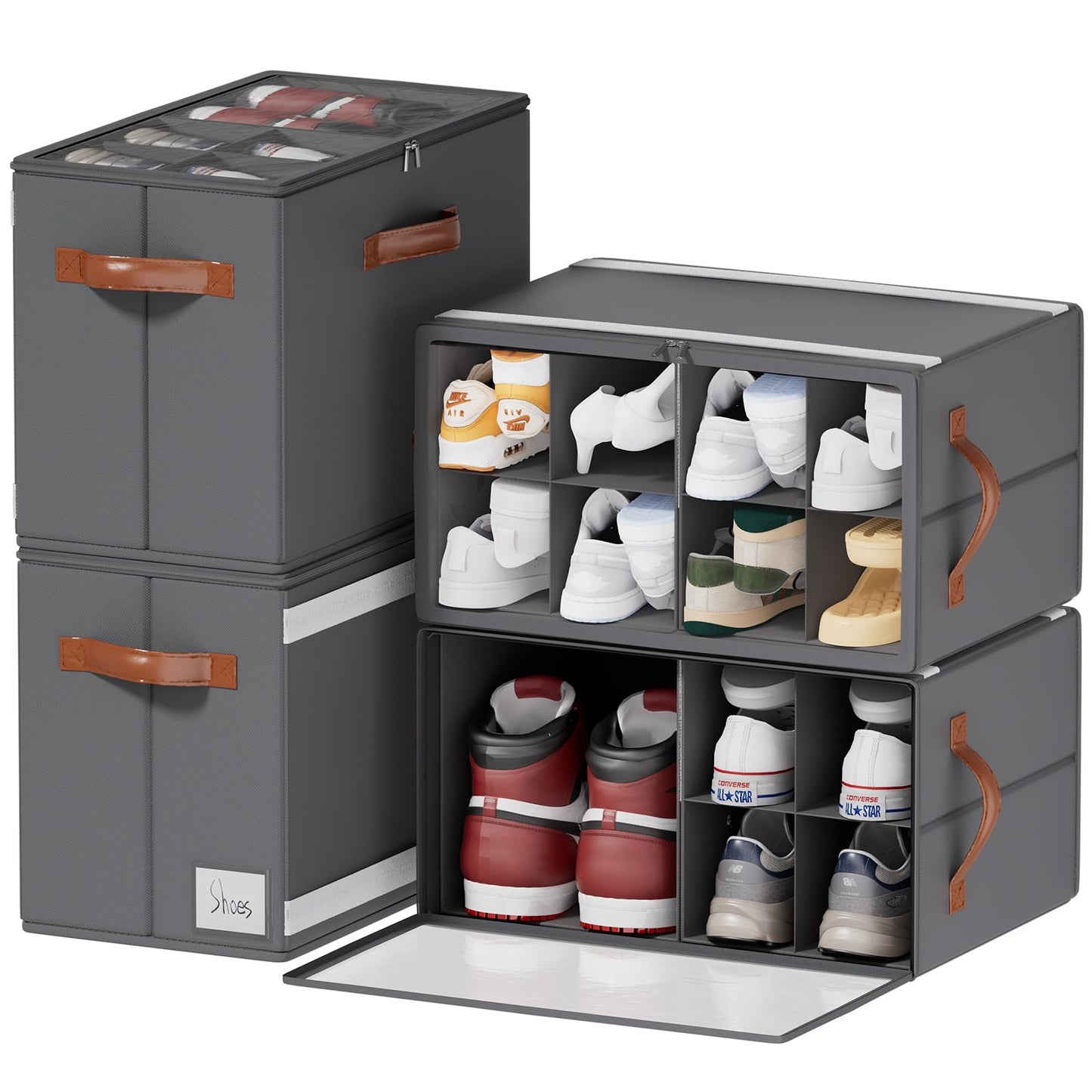 ISusaid 4 Pack Shoe Organizer for Closet, Foldable Shoe Storage Organizer with Adjustable Dividers and Clear Cover, Stackable Fabric Closet Shoe Organizer Storage Box Fits 32 Pairs, Gray