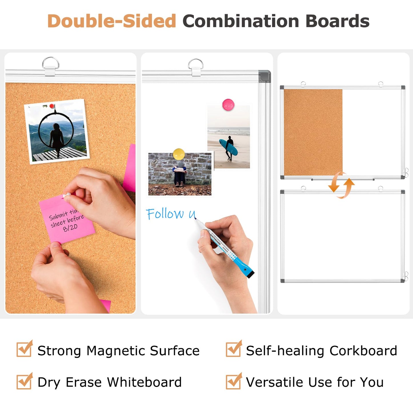 WALGLASS Combination Magnetic Whiteboard & Corkboard, 24"x18" Combo for School, Office & Home, Dry Erase Board with Removable Tray, Pins, Eraser, Markers & Magnets