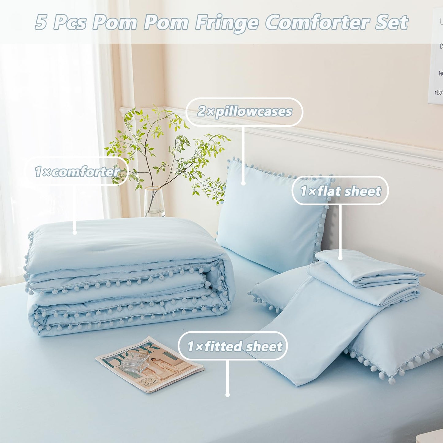 PERFEMET 5 Pieces Twin Bedding Sets Light Blue Pom Pom Comforter Set for Girls Boys Soft Fluffy Solid Boho Bed in A Bag with Comforter and Sheets(Light Blue, Twin)