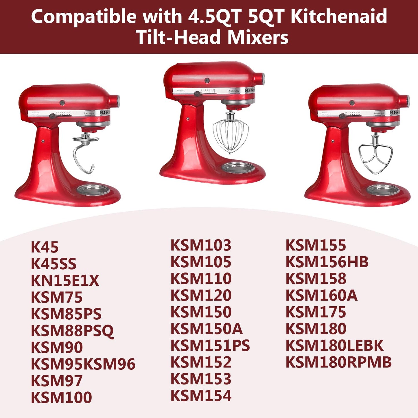 LETOMS Stainless Steel Attachments 3 Pieces for KitchenAid 4.5-5QT Tilt-Head Stand Mixer and Mixing Bowl,K45WW Wire Whip, K45DH Dough Hook, K45B Flat Beater,Dishwasher Safe and Heavy Duty