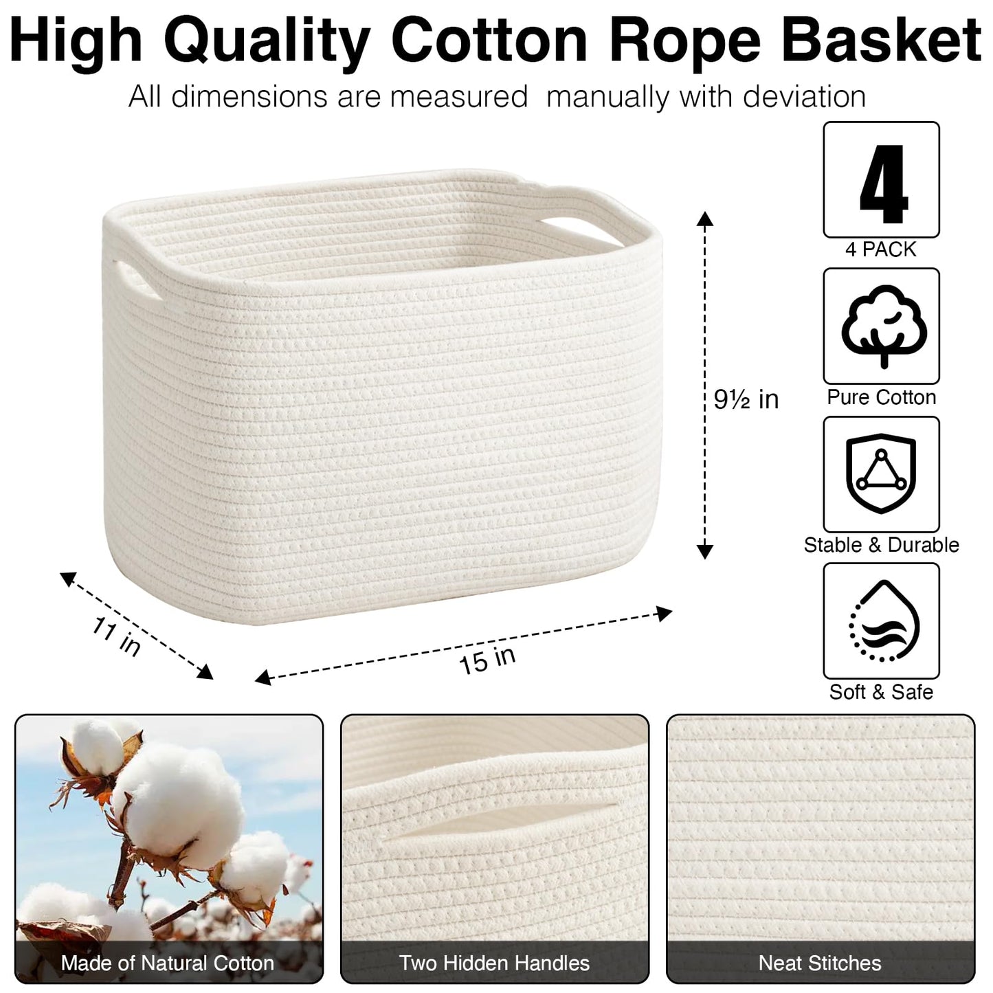 ICERZCZ Storage Baskets for Organizing & Shelves, Woven Cotton Rope Organization Bins for Dog Toys, Clothes, Books, Nursery Organizer, 15" Lx11''Wx9.5''H, (4 Packs) Off White