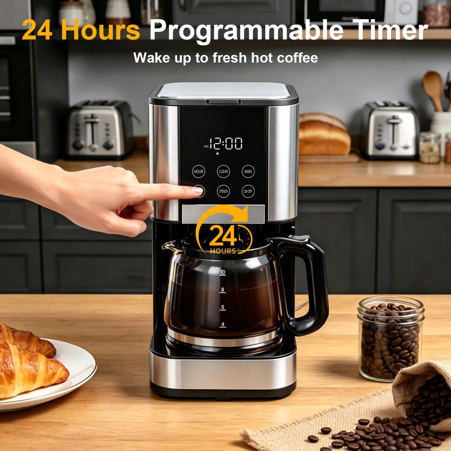 10 Cup Programmable Drip Coffee Maker, Adjustable Brew Strength, Pause & Serve, Heat Resistant Glass Carafe, Permanent Filter, Auto Shut Off, Stainless Steel, Compact Coffee Machine for Home Office