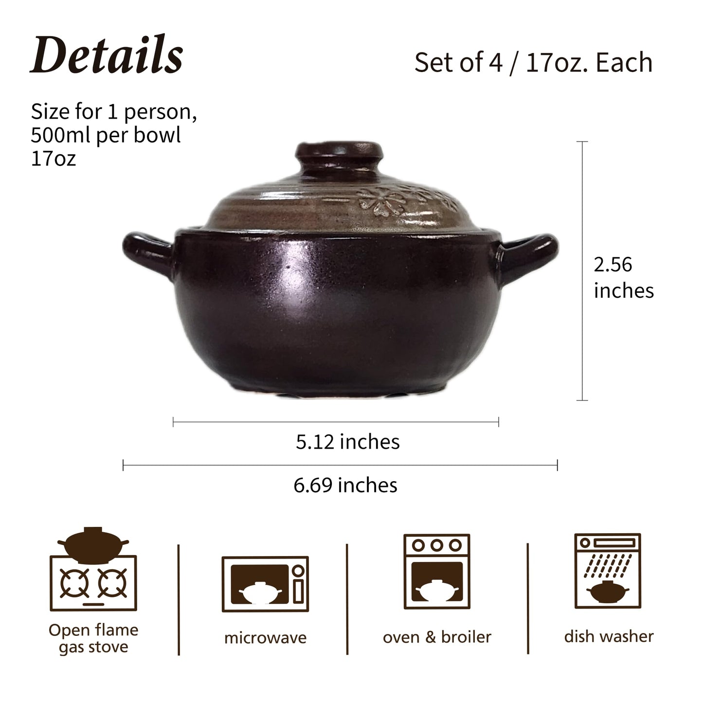 DDasiBowl – 4-Pack Korean Clay Pots (17oz / 500ml) with Lids & Handles – Ttukbaegi Stone Bowls for Cooking Bibimbap, Donabe Style Korean Clay Cookware – Oven & Stovetop Safe
