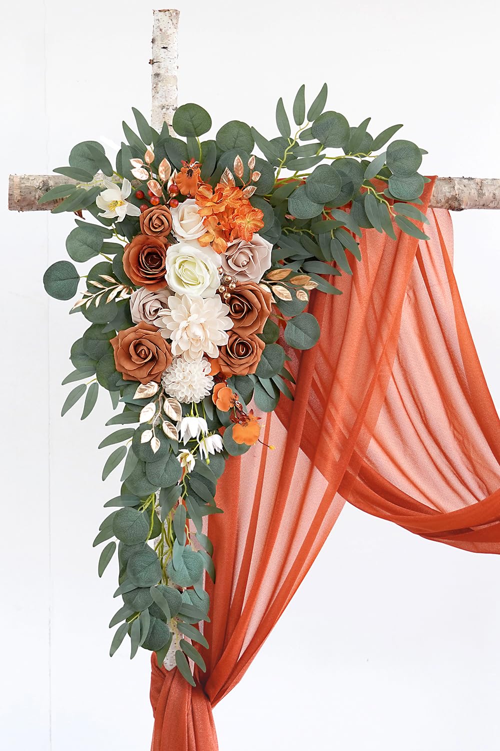 Olalaka Burnt Orange Artificial Wedding Arch Flowers Kit (Pack of 3) with 26Ft Terracotta Shiny Arch Draping Fabric for DIY Wedding Party Ceremony Reception Backdrop Floral Decoration