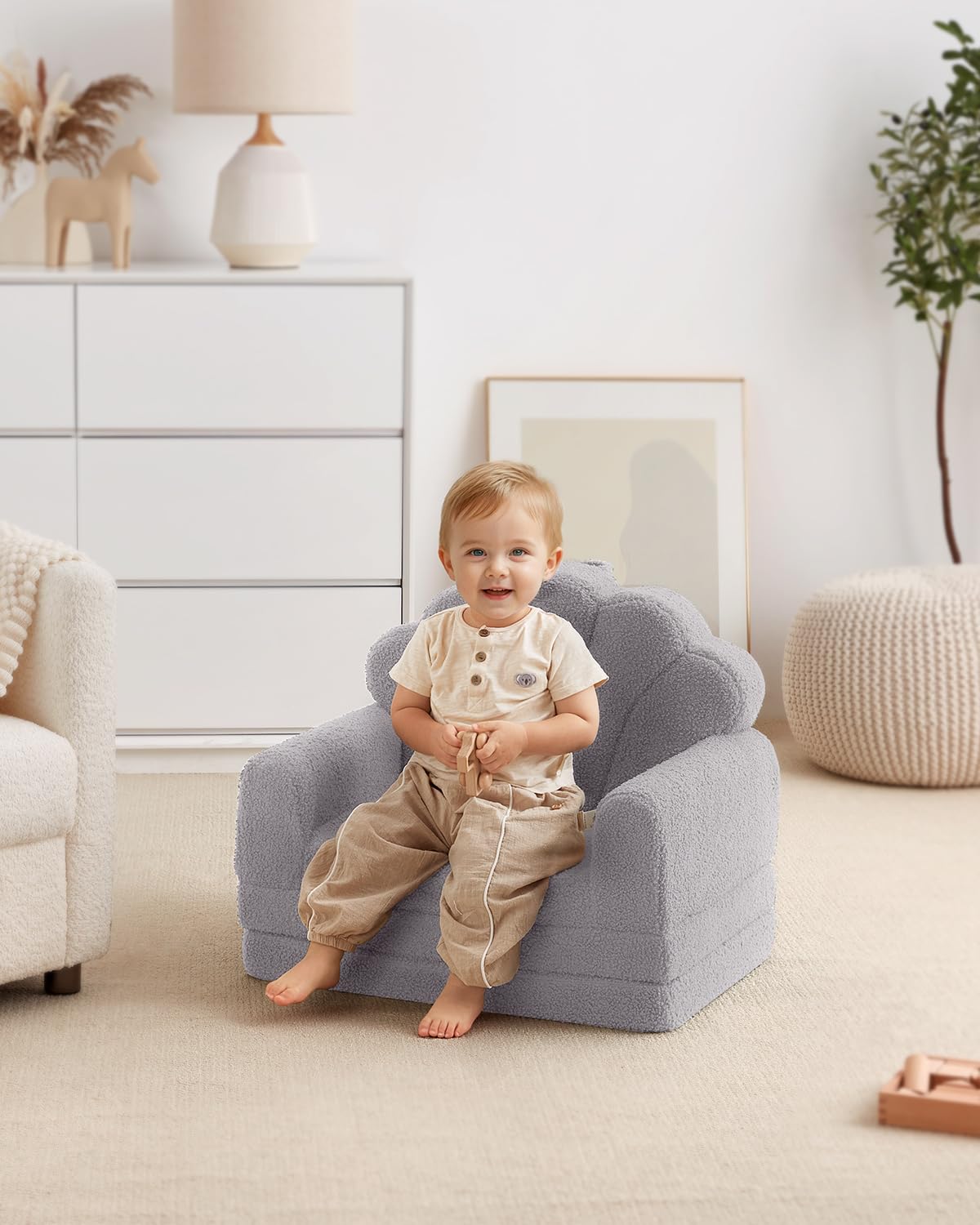 Blissful Diary Foldable Toddler Couch, 2-in-1 Comfy Toddler Chair & Lounger for Reading, Nap, Playroom, Kids Couch Sofa for 1 2 3+ Year Old Girls Boys Baby Birthday Gift, Gray Shell