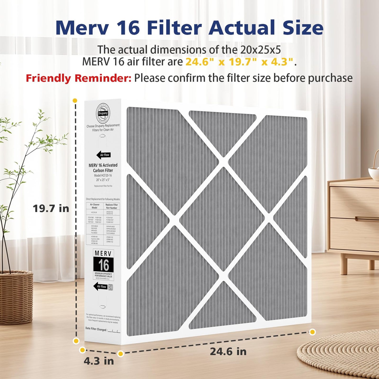 1 Pack 20x25x5 MERV 16 Air Filter Compatible with Lennox HCC20-28 Healthy Climate Carbon Clean MERV 16 Furnace Filter for HVAC System, Part Number HCF20-16, HCF20-10
