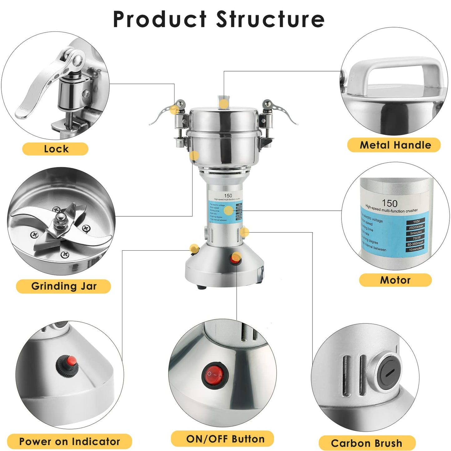 MYFULLY Electric Grain Mill Grinder High Speed Stainless Steel Pulverizer Mill Grinding Machine Cereals Corn Medicine Pearl Seasonings Spices Commercial Grade for Kitchen Grinding Machine (150g)