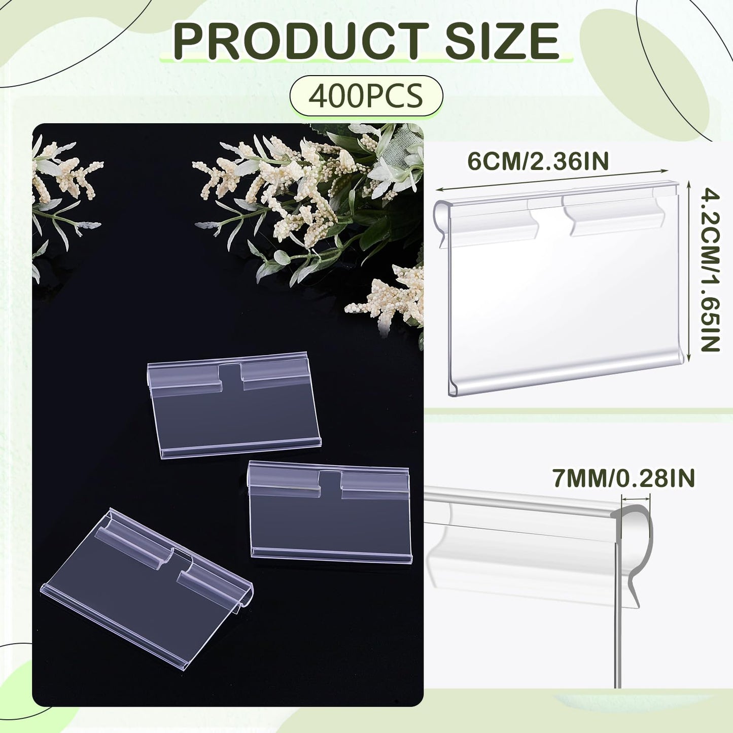 Tatuo 400 Pcs Reusable Plastic Wire Shelf Label Holders, Price Card Sign for Pantry Retail Supermarket Merchandise Shopping Mall Shop Ticket Display Holder Clip on Design, 2.36" L x 1.65" H (Clear)