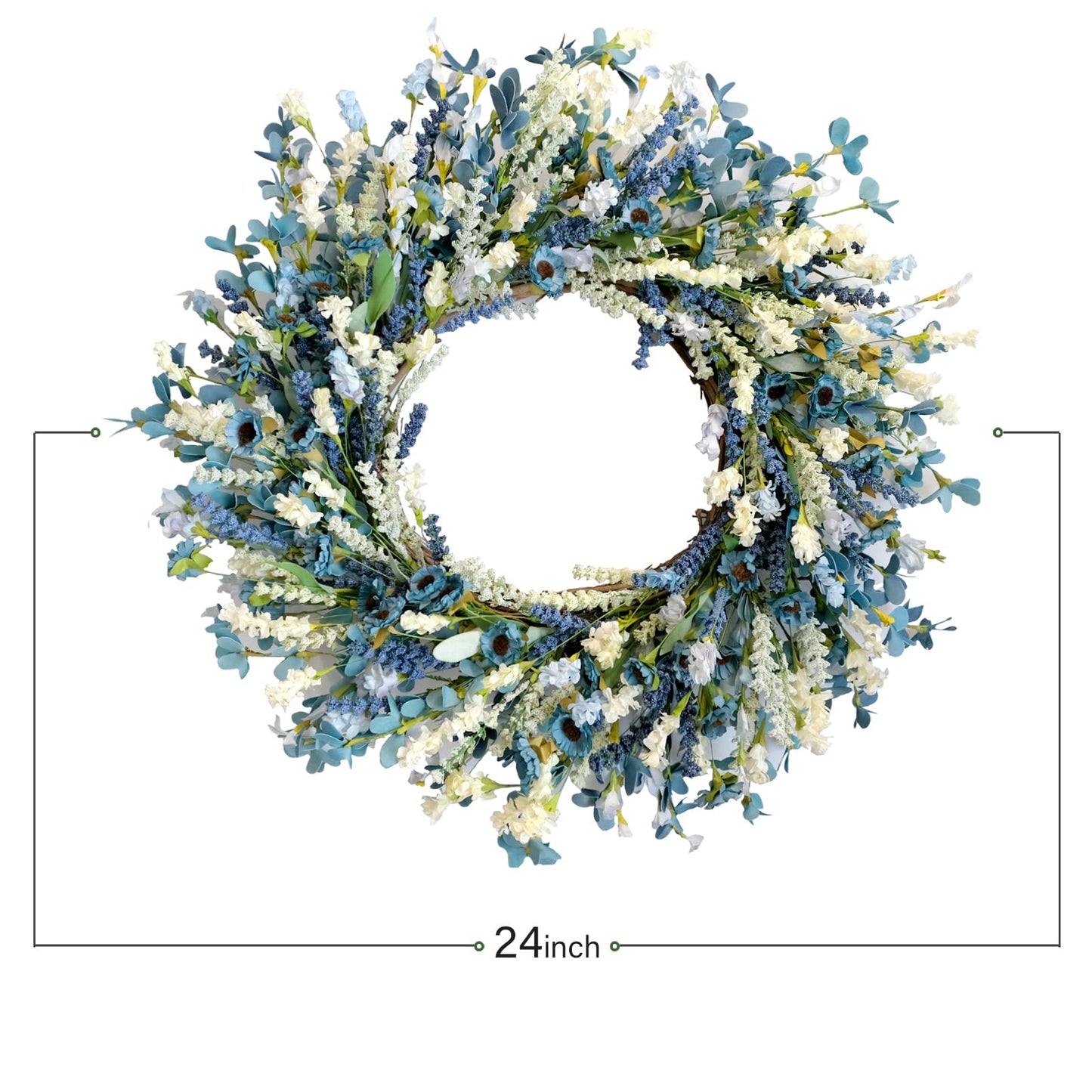 Egolot 26 Inch Summer Spring Blue Ivory Lavender Flower Wreath for Front Door, Rustic and Farmhouse Wild Flowers Wreath for Inside and Outside, Coastal Blue Home Decorating