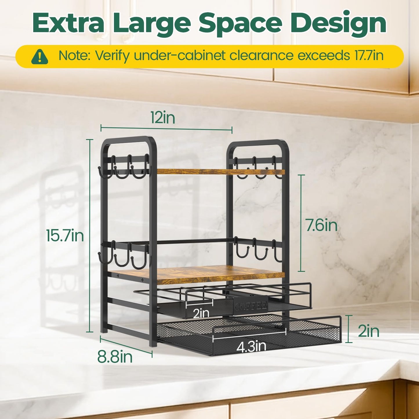 EsLuker.ly Coffee Bar Organizer Station Shelf Mug Holder for Countertop, 4 Tier Mug Holder Stand with 12 Hooks, K Cup Pod Drawer