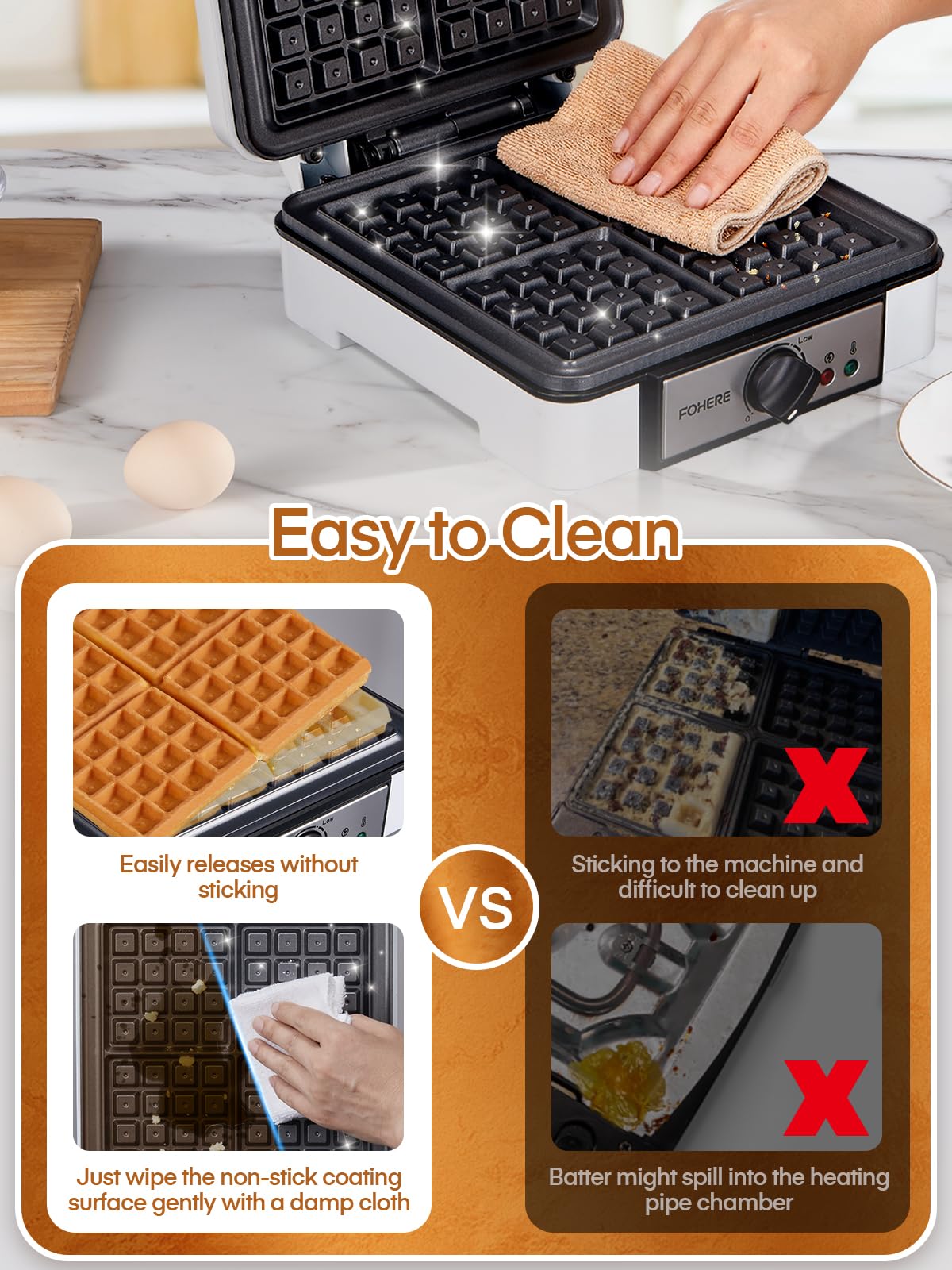FOHERE Waffle Maker 4 Slices, 1200W Square Waffle Iron, 5 Browning Levels, Nonstick Plates, Cool-touch Handle, Anti-scald, Anti-overflow, Indicator Lights, Recipe, White (Large)