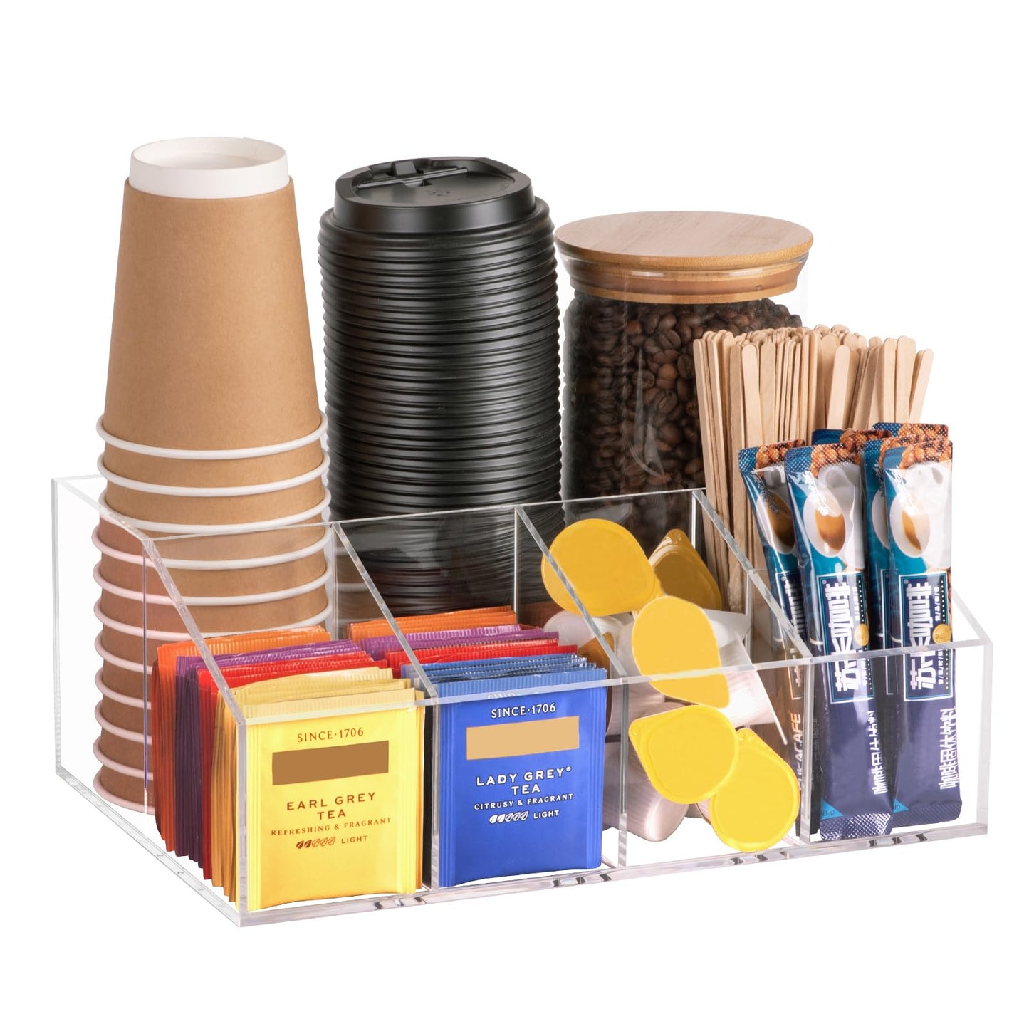 Acrylic Coffee Station Organizer for Countertop, Coffee Bar Accessories Organizer with 6 Compartments for Tea Bags Condiment, Pods, Creamer, Syrup, Cups, Stirrer