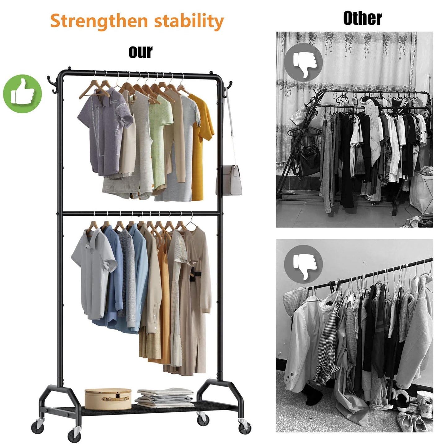 Wiracks Clothes Rack Double Hanging Clothes Rack Clothing Rack Garment Rack 130LBS Capacity 34.5" W X15.8 D X 79" H Rolling Clothes Racks for Hanging Cothes with Bottom Shelf