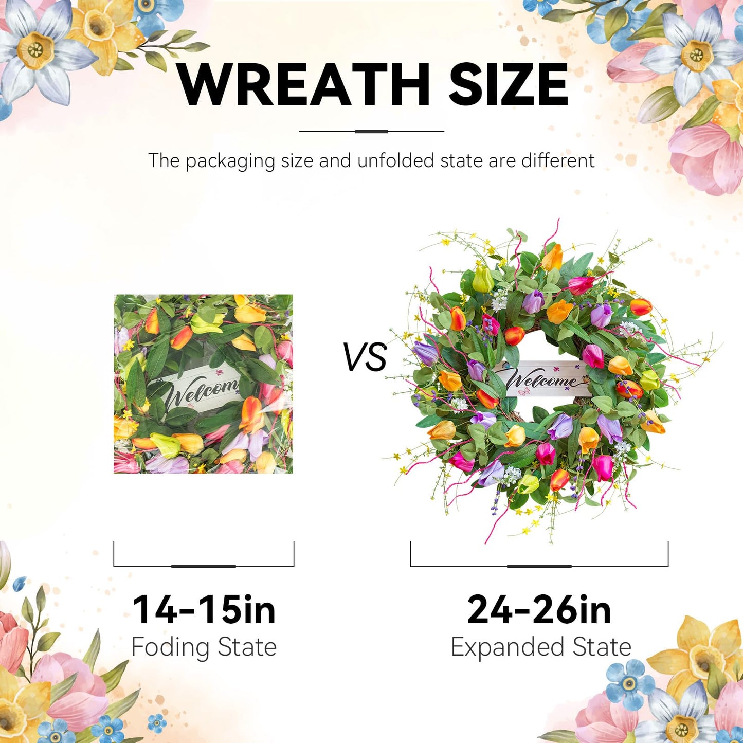 Summer Spring Wreaths for Front Door 26 Inch, Tulip Spring Summer Wreath with Welcome Sign, Artificial Floral Spring Door Wreath for Outdoor Front Door, Farmhouse Seasonal Summer Wreath