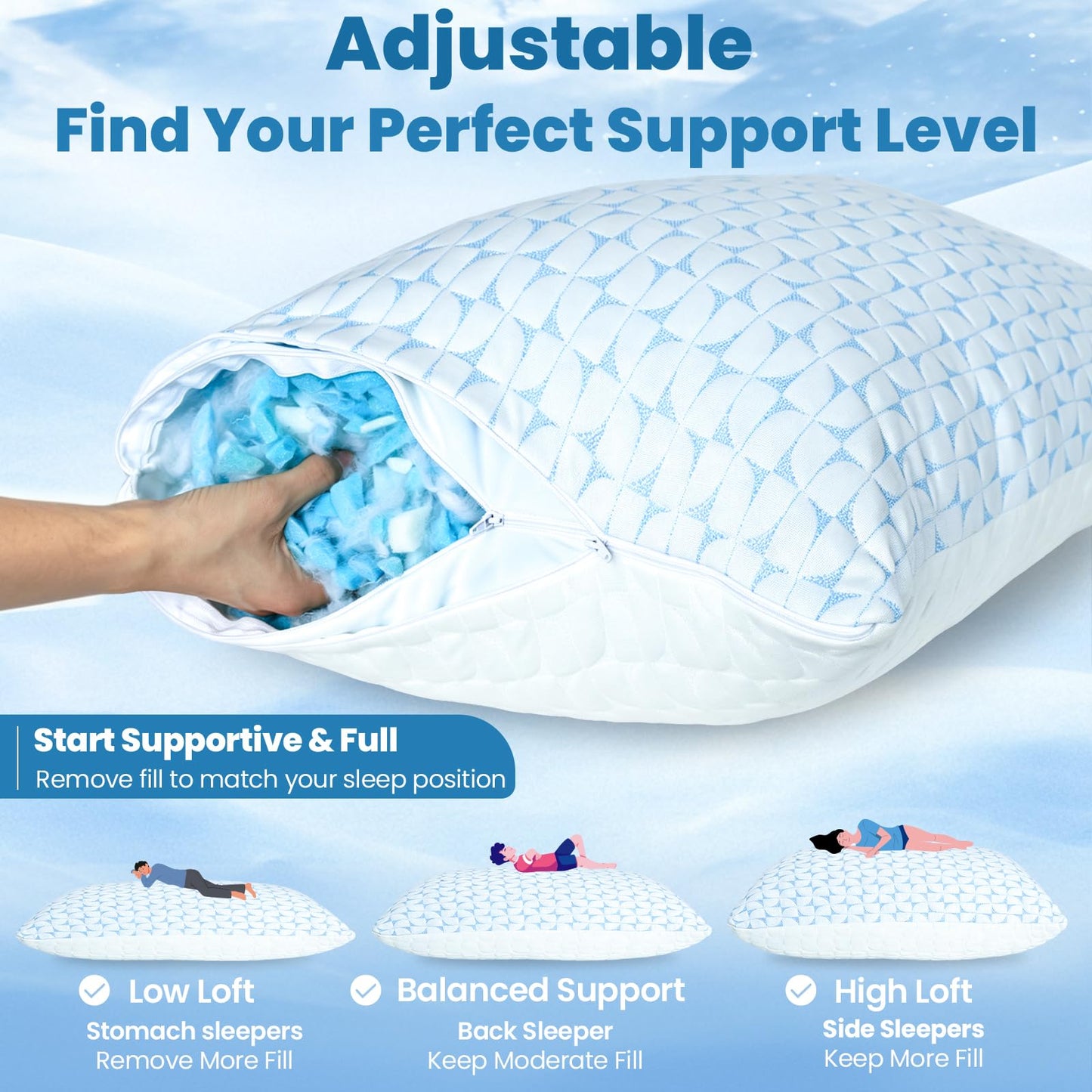 QUTOOL Firm Pillow Shredded Memory Foam, Cooling Pillow for Hot Sleeper, Adjustable Bed Pillow for Side Back Stomach Sleepers, Washable Cover, CertiPUR-US Certified, Standard Size Set of 2