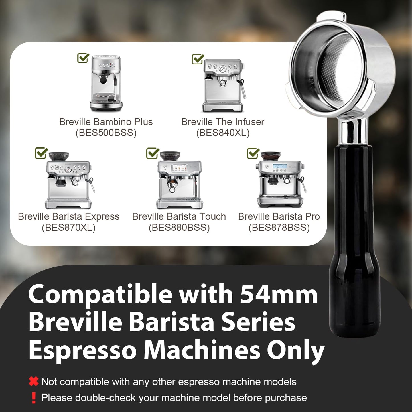 VOURMIO 54mm Bottomless Portafilter - 3 Ears with Stainless Steel Filter Basket, Fits Breville Barista Express, Pro, Touch, Bambino Plus, Infuser (880BSS, 870XL, 878BSS, 500BSS, 840XL), Black