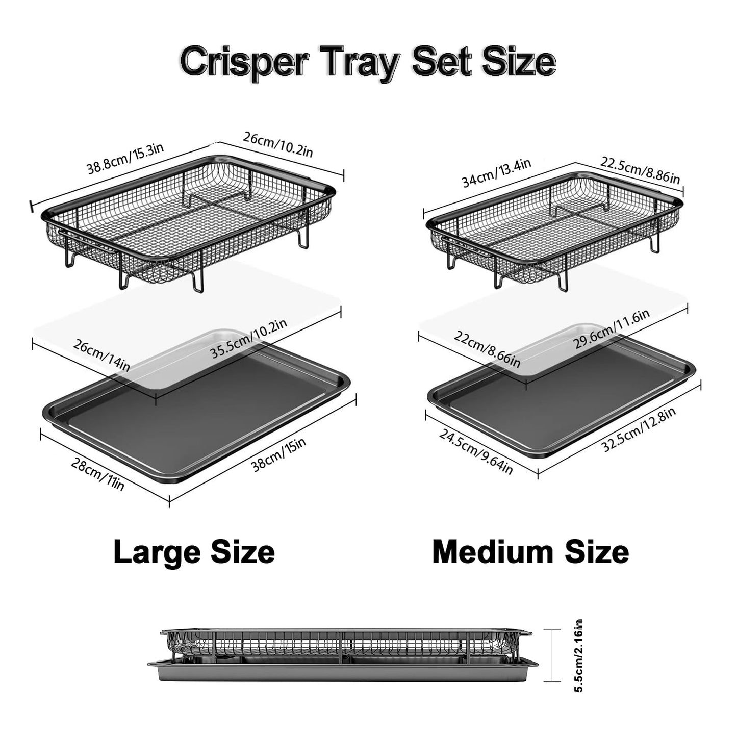 Air Fryer Basket for Oven,2 Set Air Fryer Basket and Tray Set with 60 Sheets Parchment Papers,THORSES Food-Grade Stainless Steel Air Fryer Pan and Crisper Tray-Black Large15"×11"&Medium13.4"×9.6"