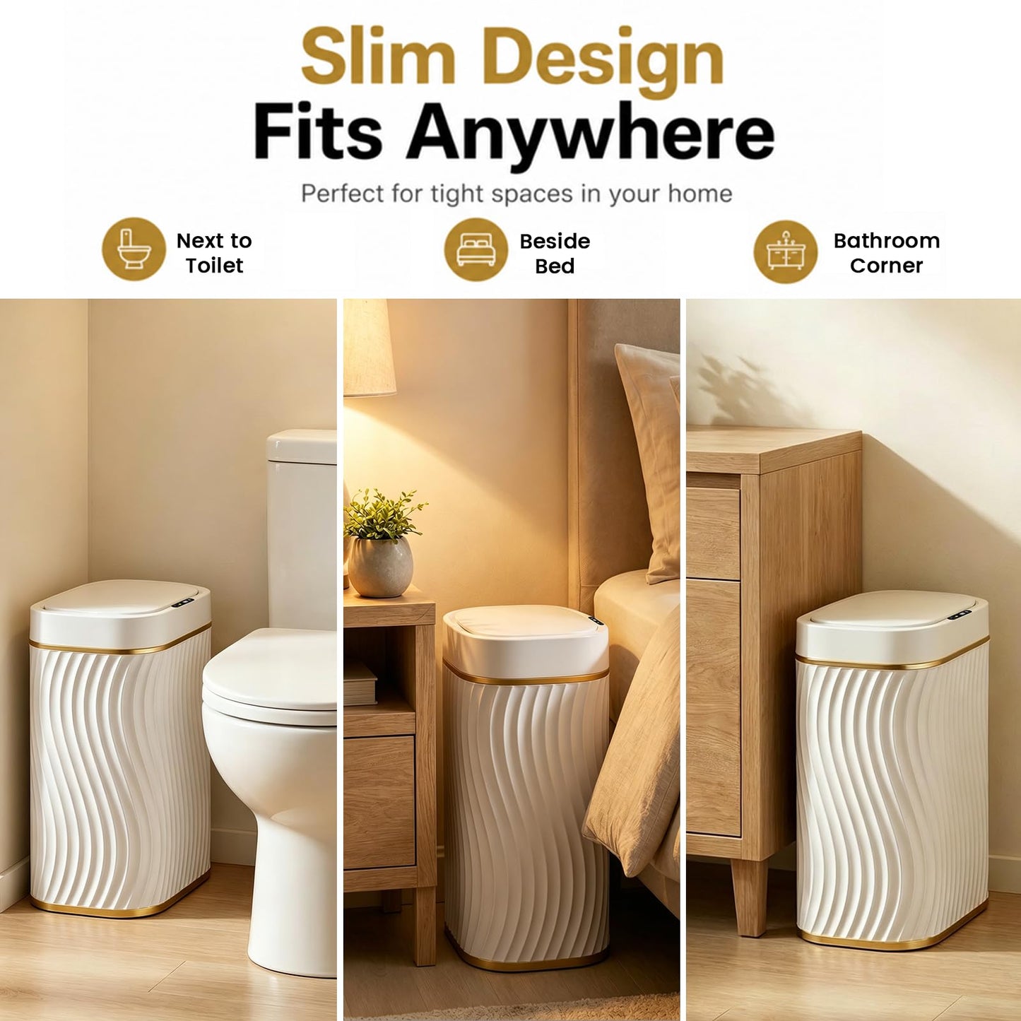 Bathroom Small Trash Can with Automatic Touchless Lid, 2.6 Gallon Smart Garbage Can Narrow Waterproof Trash Bin for Bedroom, Office, Living Room