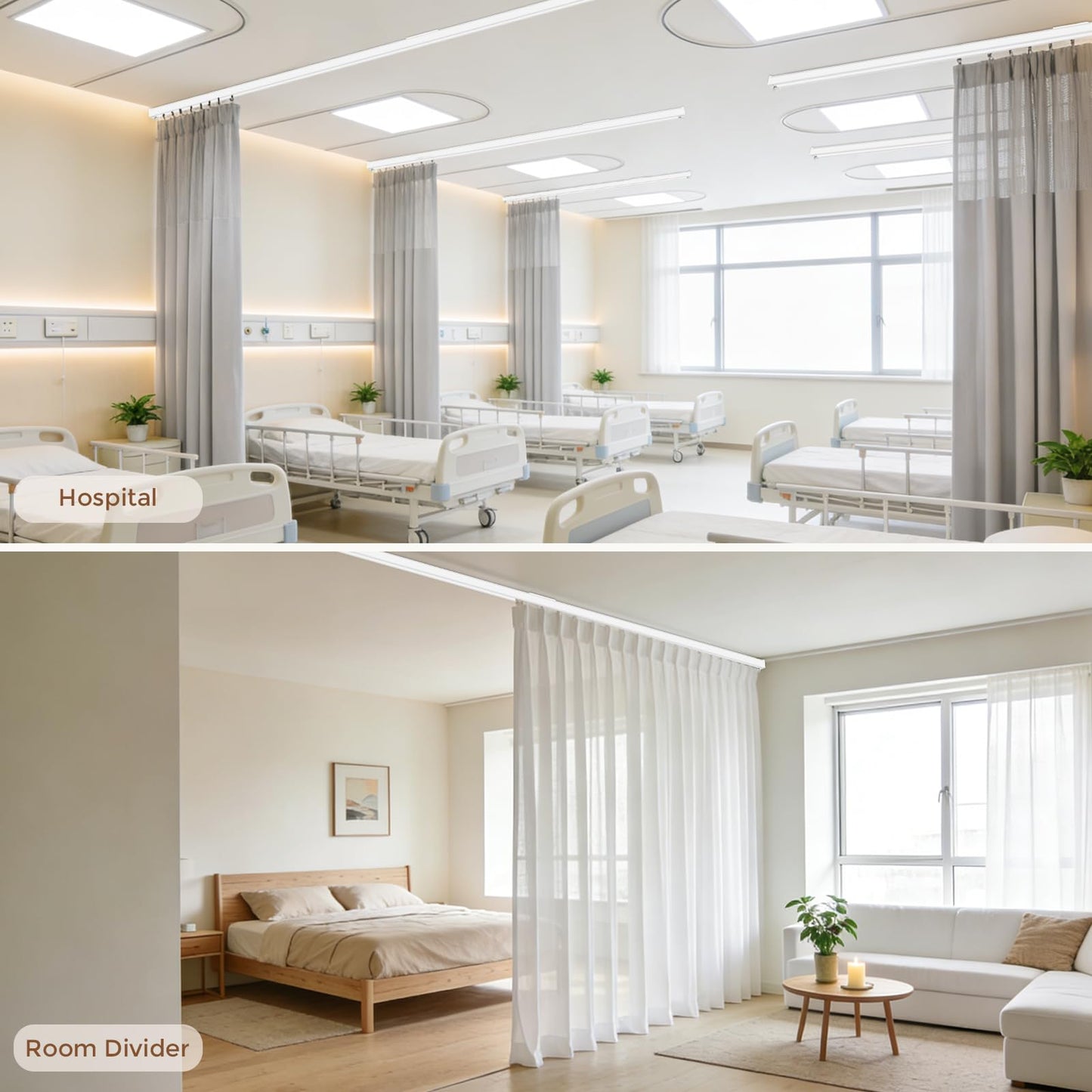 Ceiling Curtain Track 6–9 ft White - Heavy Duty Ceiling/Wall Mount Curtain Rail/Rod System, 30 Quiet-Glide Rollers, 30 Hooks, 30 Clips, Room Divider for Living Room, Bathroom or Hospital