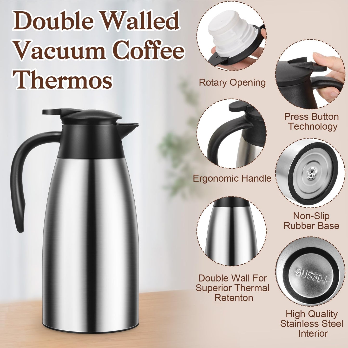 Essenya 2 PCS 68 OZ Thermal Coffee Carafe, Insulated Stainless Steel Coffee Carafe Double Walled Vacuum Thermal Pot Flask with Brushes for Keeping Hot Coffee Tea Home and Office (Silver)