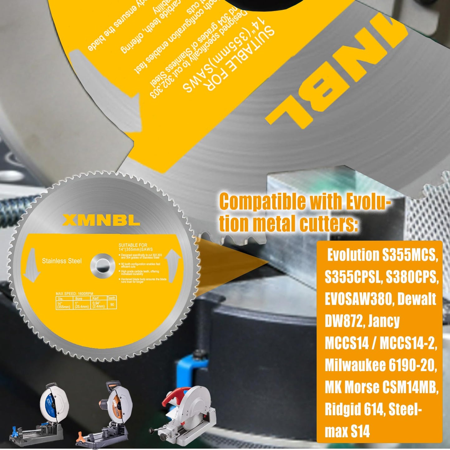 14 Inch Stainless Steel Cutting Saw Blade,Replacement for Evolution 14 Inch Metal Saw Blade,Compatible with Evolution S355CPS S355CPSL S380CPS Metal Cutting Saws,14 x 90 Teeth,1 Inch Center Shaft