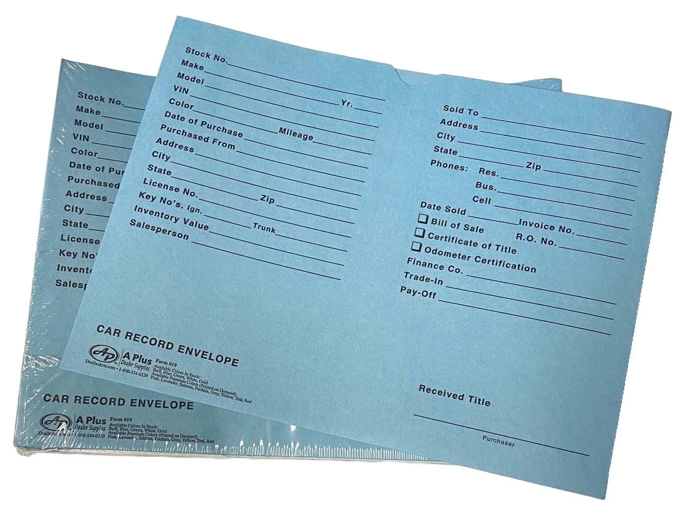 A Plus Car Record Envelope #19 Vehicle Dealer Jackets, 100 Quantity, Blue (P15)