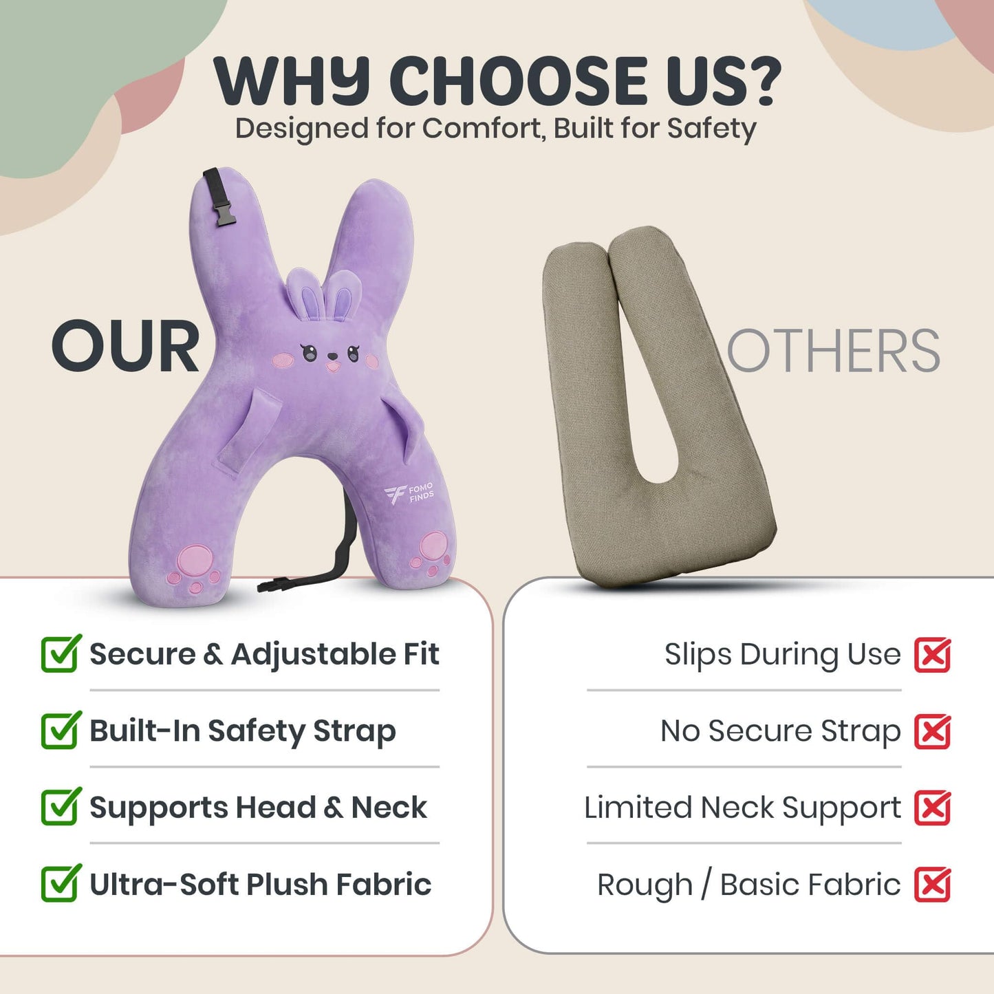 FOMO Finds Kids Car Sleeping Pillow - X-Shaped Plush Animal for Neck & Back Support - Hands & Seat Belt Slot - Machine Washable & Compressible - Perfect for Car, Plane, Train, Boat & More - Purple