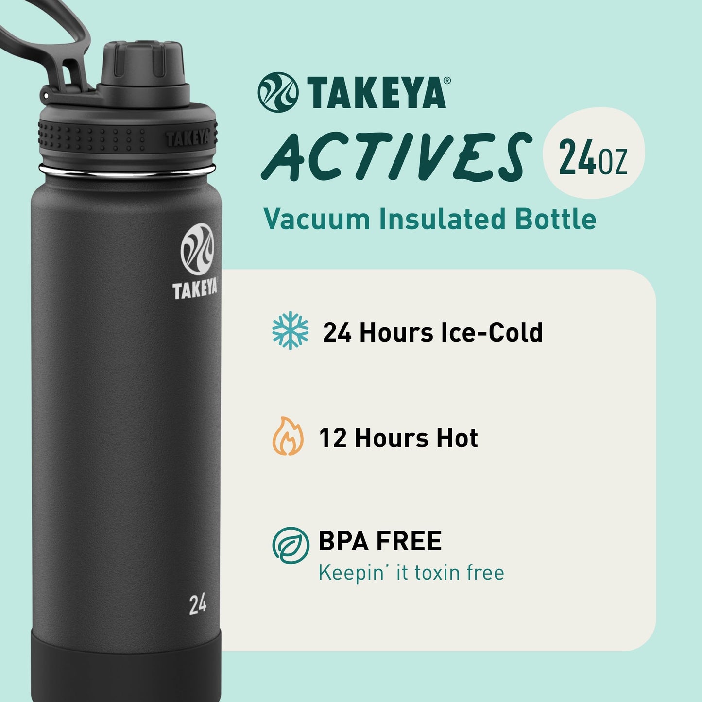 Takeya Actives Stainless Steel Water Bottle, Insulated Spout Lid, Keeps Drinks Cold 24 Hrs, Leakproof, Durable, Dishwasher Safe, Ideal for Gym, Travel, Fits Most Cup Holders, 24 oz/Onyx