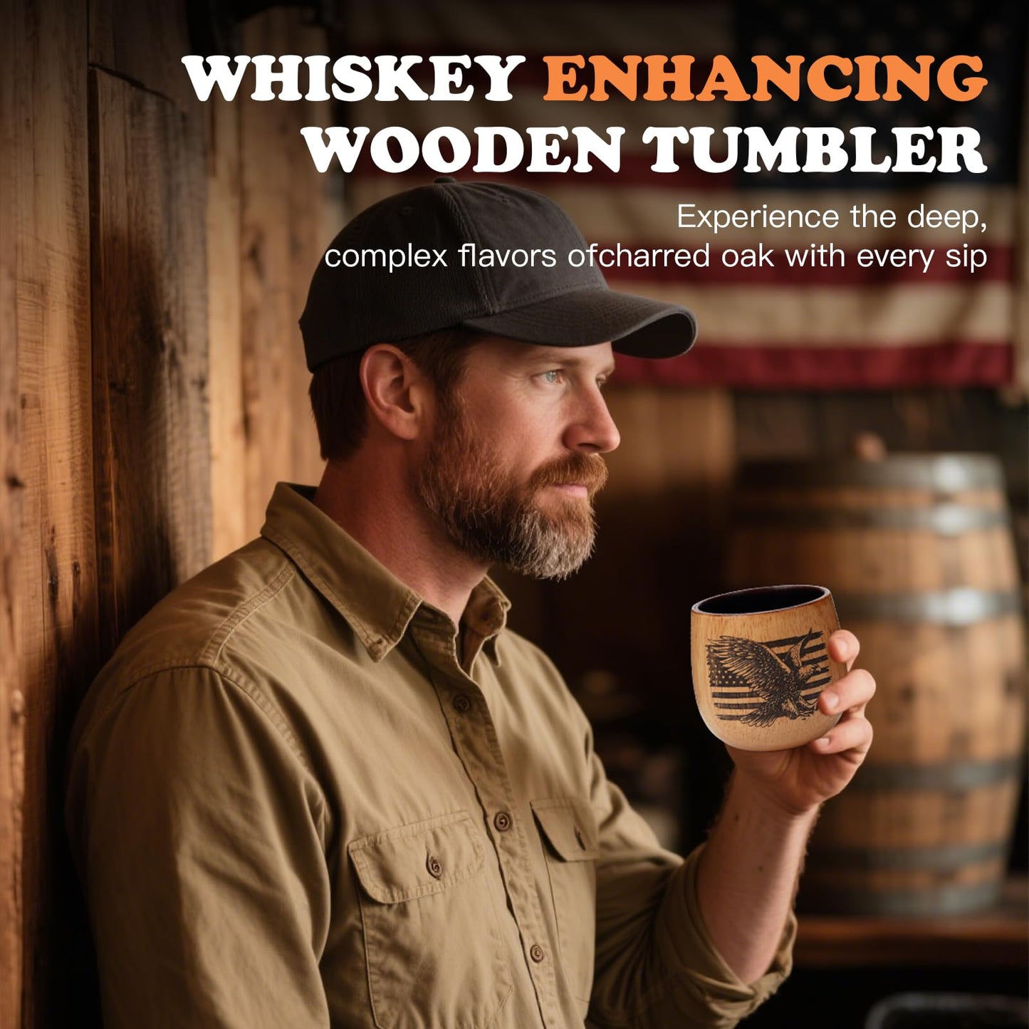 Original Oak Charred Whiskey Glass - Handcrafted Engraved Oak Whiskey Tumbler, Unbreakable Old Fashioned Glass, Unique Wooden Bourbon Drinking Glass for Men