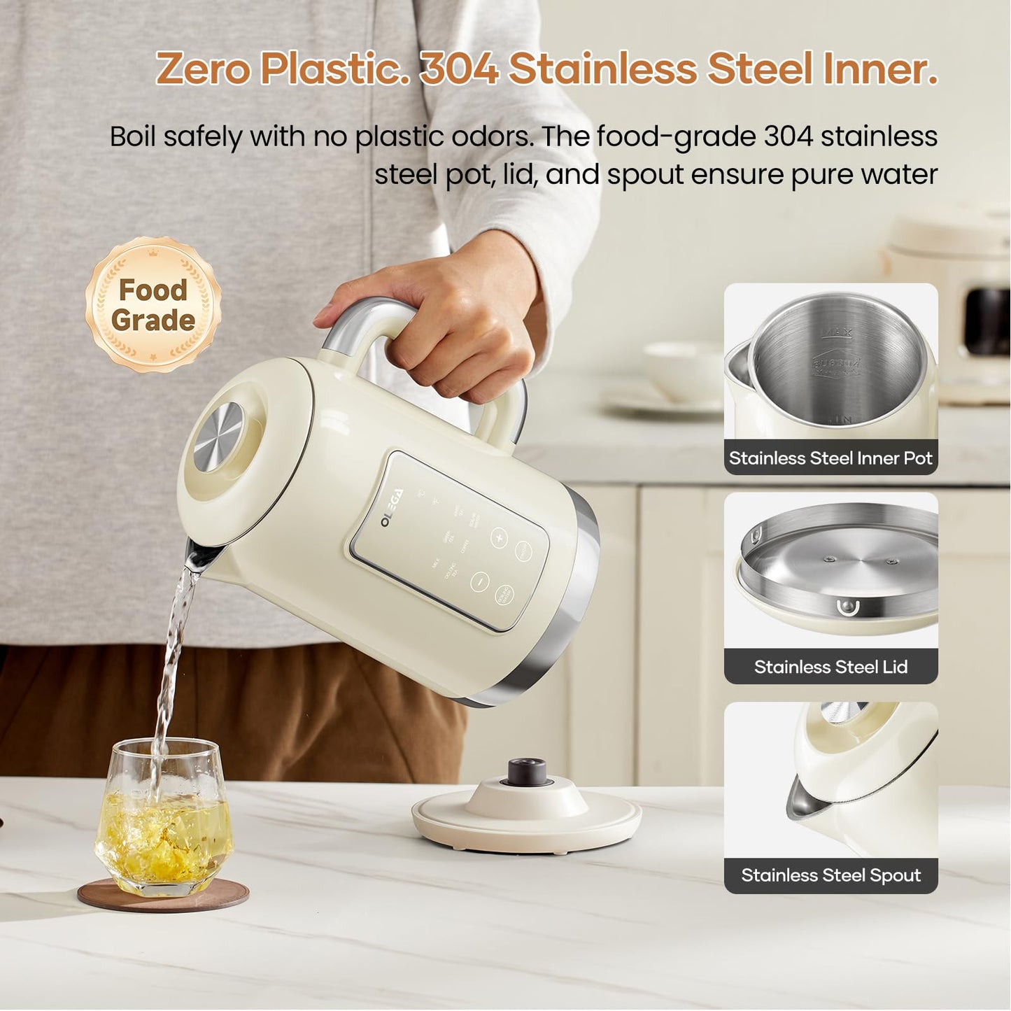 Electric Kettle Temperature Control: OLEGA 1.5L Stainless Steel Smart Kettle Hot Water Boiler, 6 Temp Presets, 1200W Fast Boiling Electric Tea & Coffee Kettle, Electric Kettles Teapot for Home -Beige