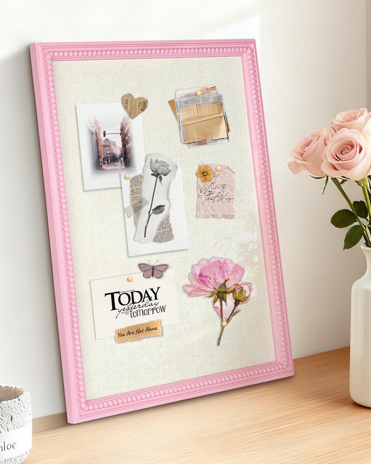 Framed Linen Bulletin Board - 18 x 24 inches Fabric Organizer Pinboard for Wall, Picture Display Vision Board, Cutecore Room Decor - Natural Linen with Pink Frame