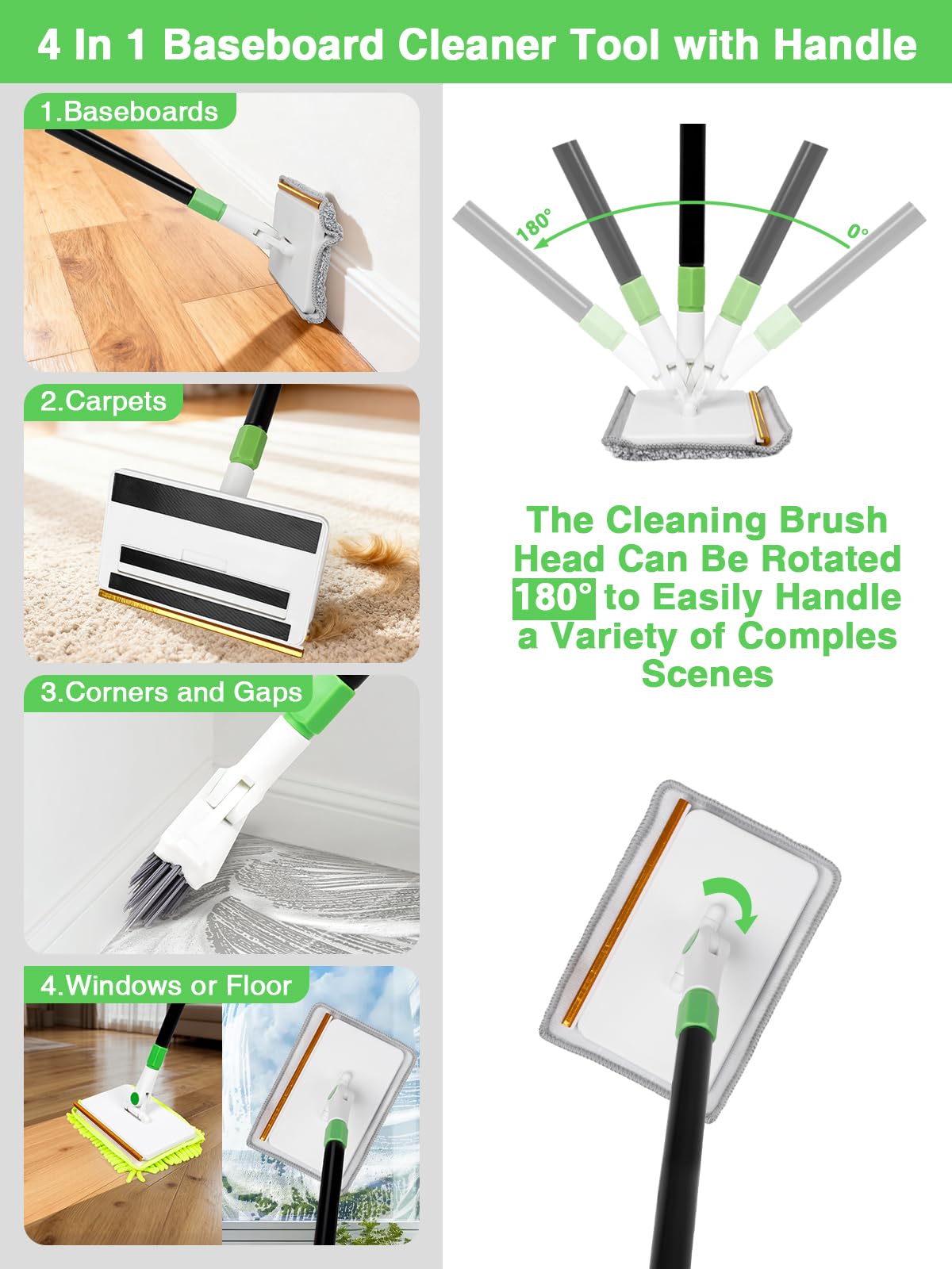 4-in-1 Baseboard Cleaning Tool with Handle 5 Reusable Pads 1 Stiff Bristle Brush Carpet Rake for Pet Hair Removal Baseboard Cleaner Carpet Windows Wall Floor Bathroom Kitchen