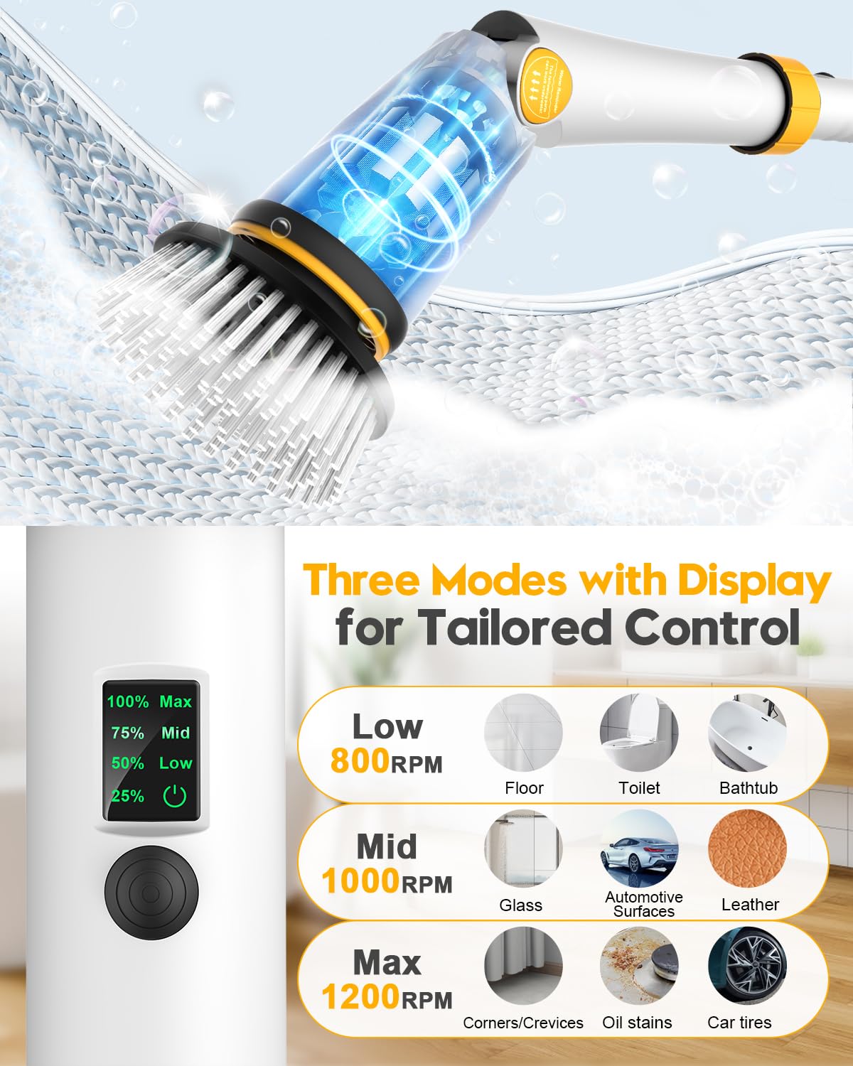 1200 RPM Powerful Electric Spin Scrubber with 8 Cleaning Brush, 2 Battery Cordless Shower Scrubber with 3 Speeds Display & 50inch Retractable Handle, IPX7 Waterproof Power Scrubbers for Deep Cleaning