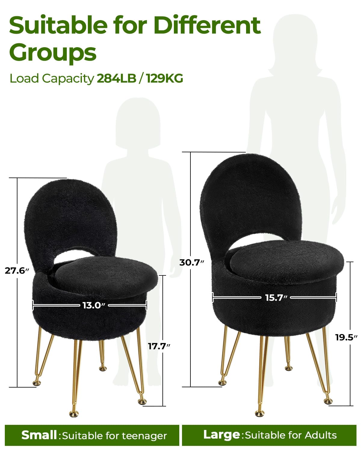 GREENSTELL Small Vanity Stool Chair with Storage and Folding Back, 13" x 13" x 17.7" Faux Fur Soft Ottoman for Teenager, 4 Metal Legs with Anti-Slip Feet, Furry Padded Seat for Makeup, Bedroom, Black