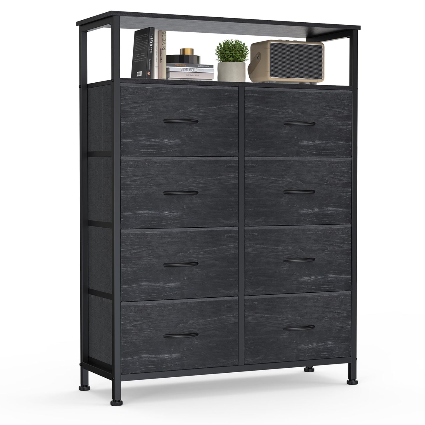 DUMOS Fabric Dresser for Bedroom with 8 Drawers, Tall 8-Drawer Chest of Drawers with Raised Shelf, Storage Tower with Fabric Bins for Closet Organization, Hallway Storage, Black Wood Grain Print