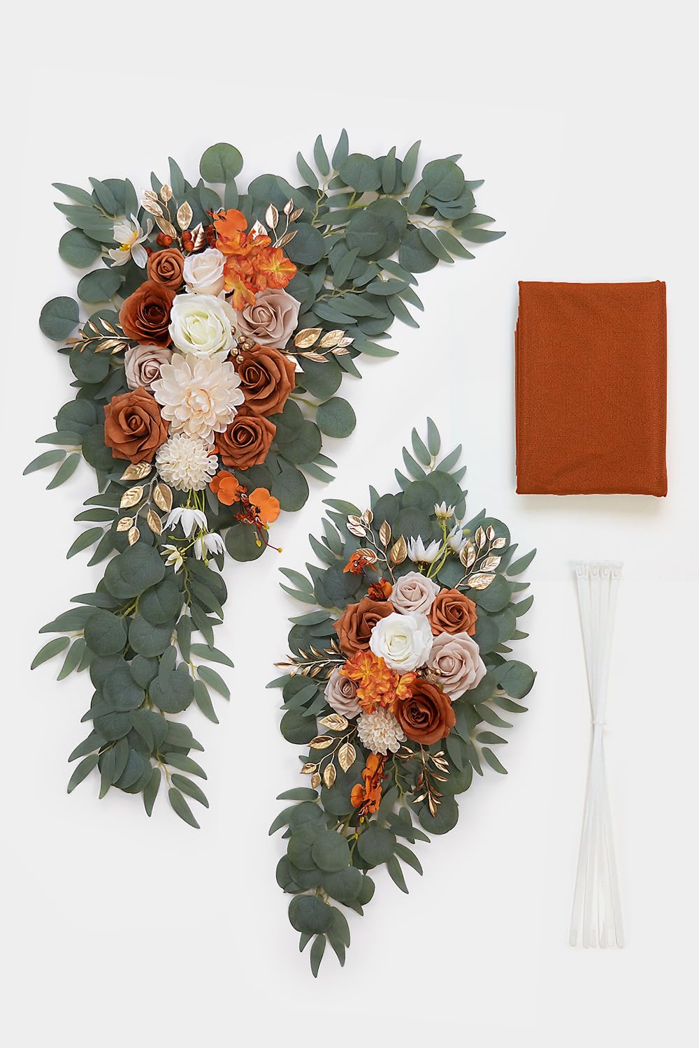 Olalaka Burnt Orange Artificial Wedding Arch Flowers Kit (Pack of 3) with 26Ft Terracotta Shiny Arch Draping Fabric for DIY Wedding Party Ceremony Reception Backdrop Floral Decoration