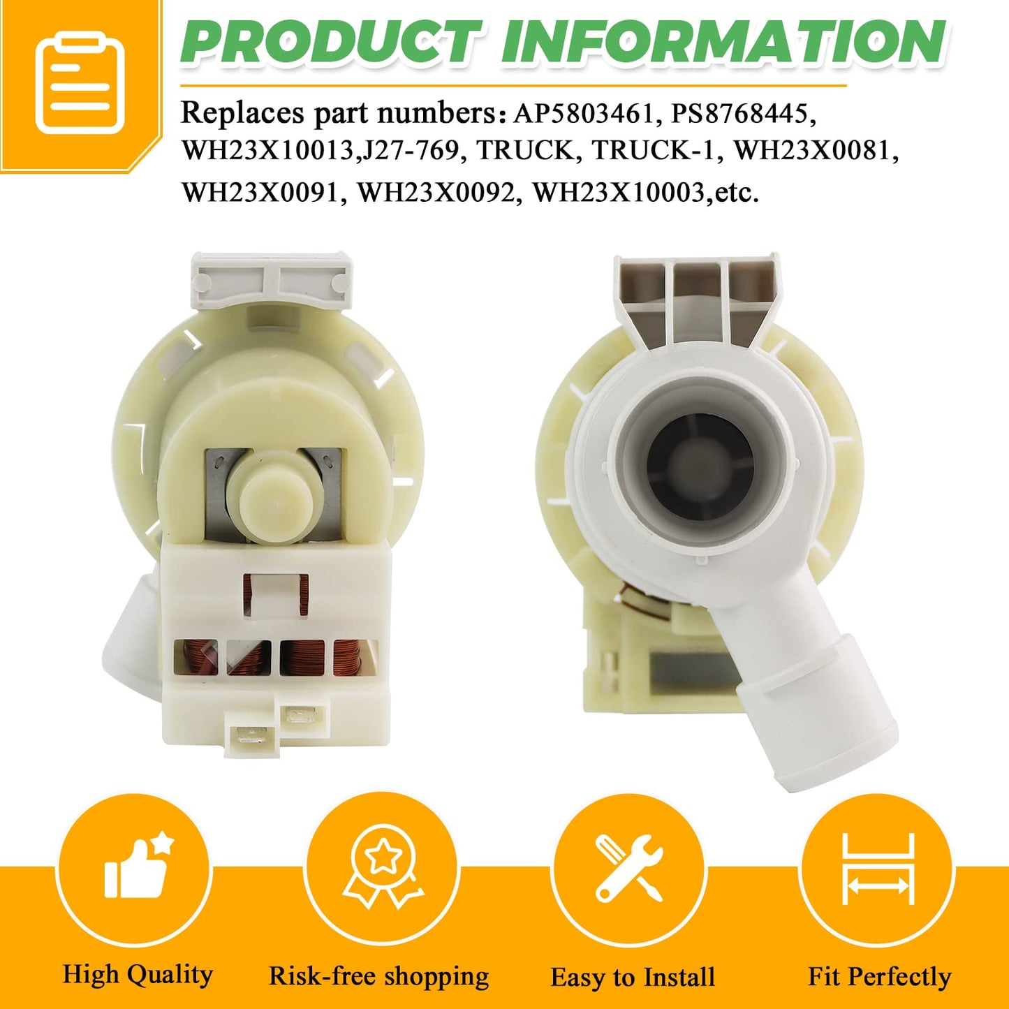 WH23X10030 WH23X10013 Washer Drain Pump by Techecook - Compatible with Hotpoint GE Washing Machine WH23X10013 WH23X0081 WH23X0091 WH23X0092 AP5803461 3015301 PS271333 J27-769 TRUCK TRUCK-1 Drain Pump