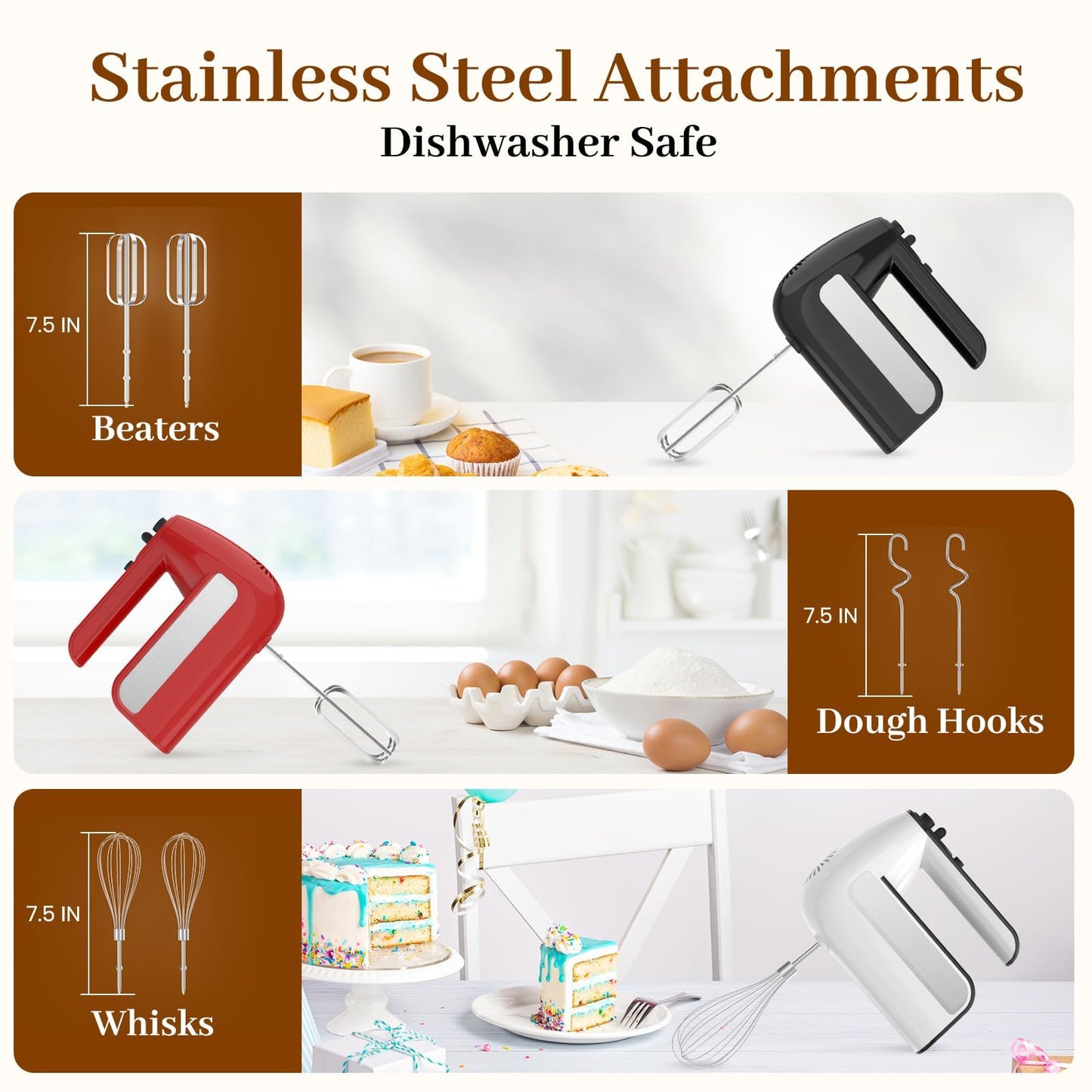5-Speed Electric Hand Mixer, 800W Handheld Mixer with Turbo for Baking & Cooking, Kitchen Food Mixer with Storage Case & 6 Stainless Steel Attachments (2 Beaters, 2 Dough Hooks, 2 Whisks)-White