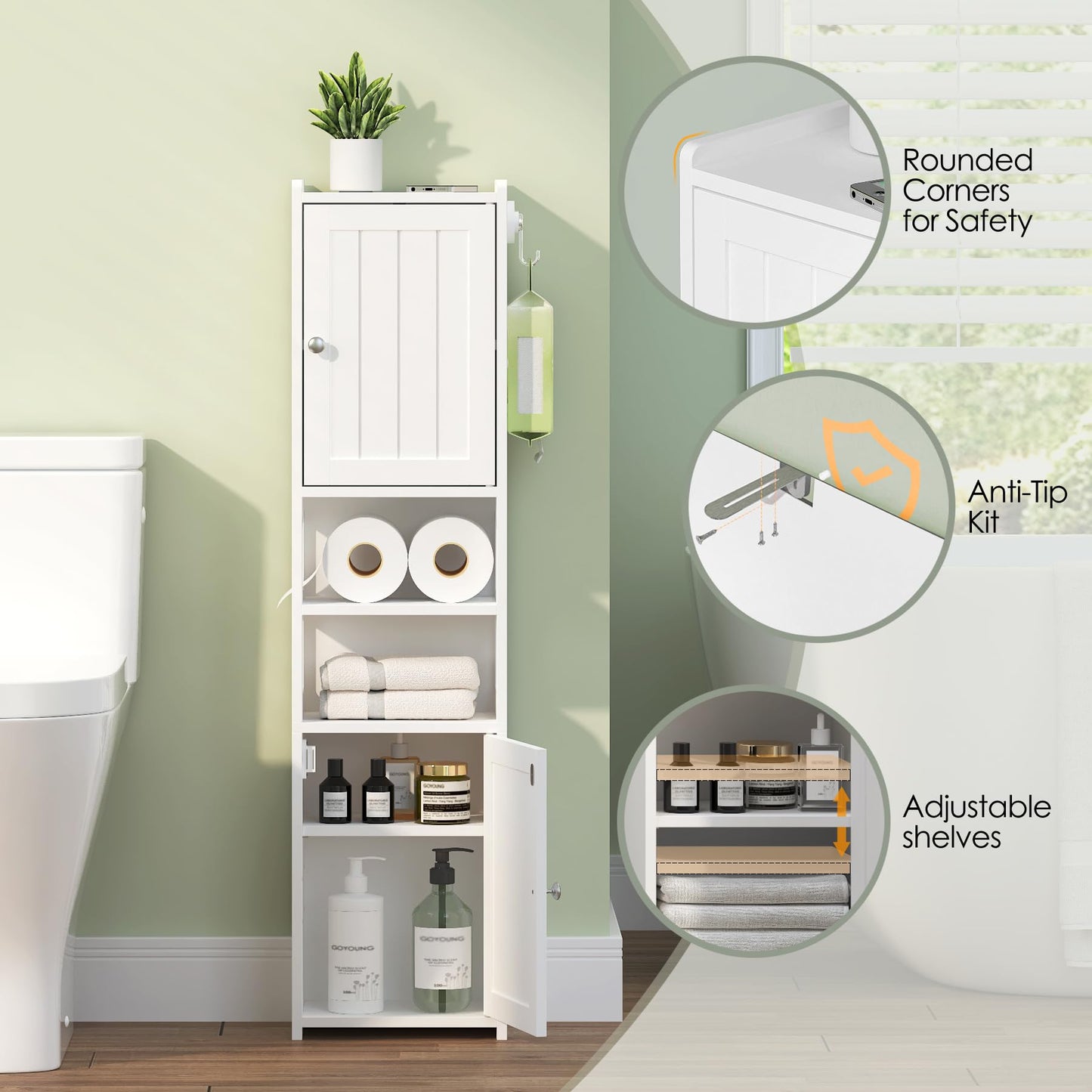 TidyHaven 39" Small Bathroom Storage Cabinet, Narrow Corner Floor Cabinet with Doors & Adjustable Shelf, Slim Skinny Design for Bathroom, Kitchen, Living Room (White)