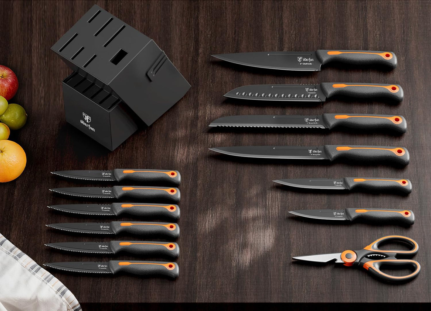 ODERFUN Knife Block Set -15 PCS Dishwasher Safe Kitchen Knife Set, High Carbon Stainless Steel, Razor-Sharp knives set with sharpener, Non-Slip Handles, Elegant Box for Her Him Women Dad Father