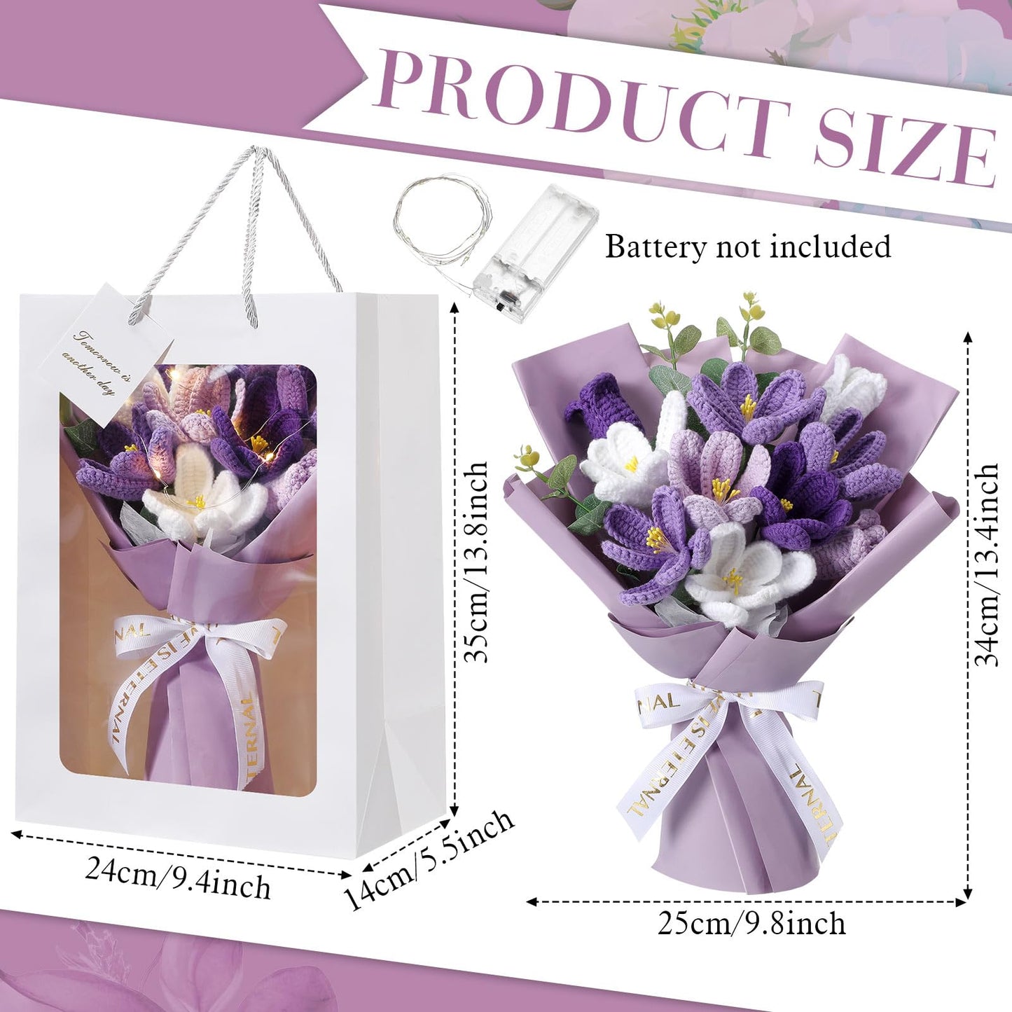 Juinte Mothers Day Crochet Flowers Bouquet Gift Completed Handmade Knitted Flowers with LED Lights Tulips Bouquet Gift for Mother Day Women Birthday Graduation Wedding Home(Purple)